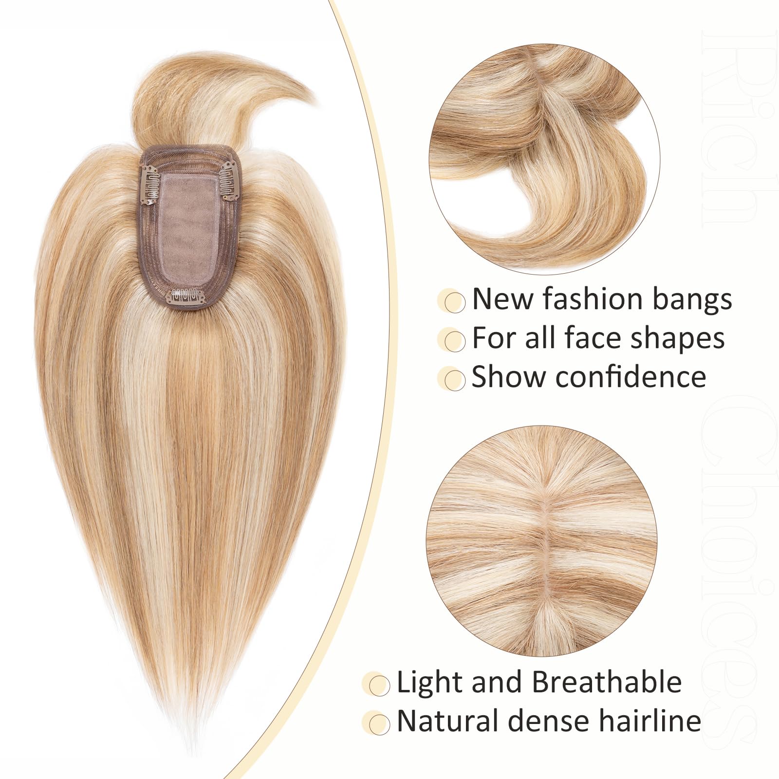 100% Human Hair Toppers for Women with Bangs - Clip-In Hair Topper for Thinning Hair, Golden Brown & Bleach Blonde #12P613, 14 Inch 44g - Perfect for Daily Wear, Special Occasions & Hair Volume Enhancement