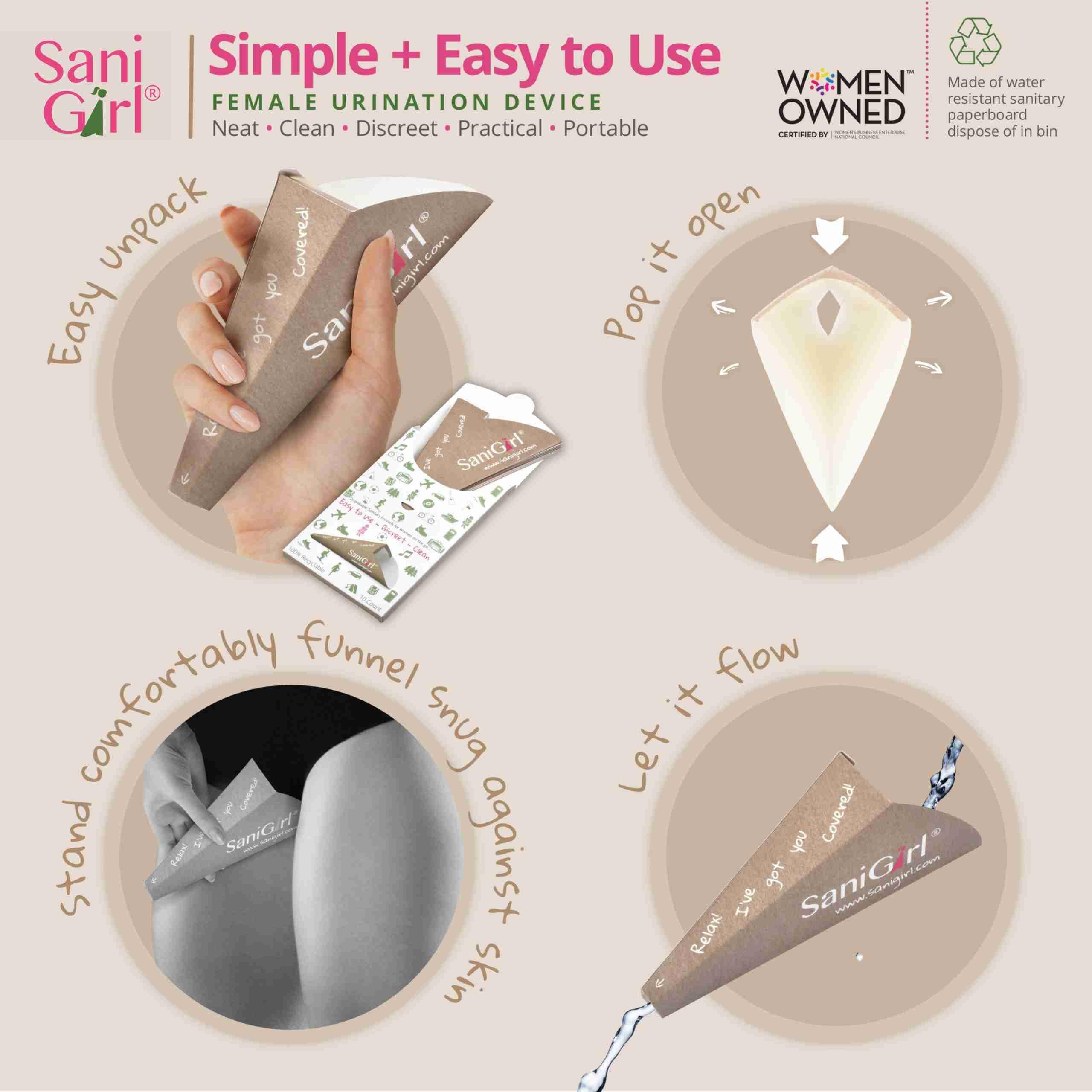SaniGirl Disposable Female Urinal Funnel for Women - Pack of 10 | Portable Pee Funnel for Travel, Camping & Hiking | Hygienic Solution for Standing Urination | Perfect for Outdoor Adventures, Road Trips & Public Restrooms