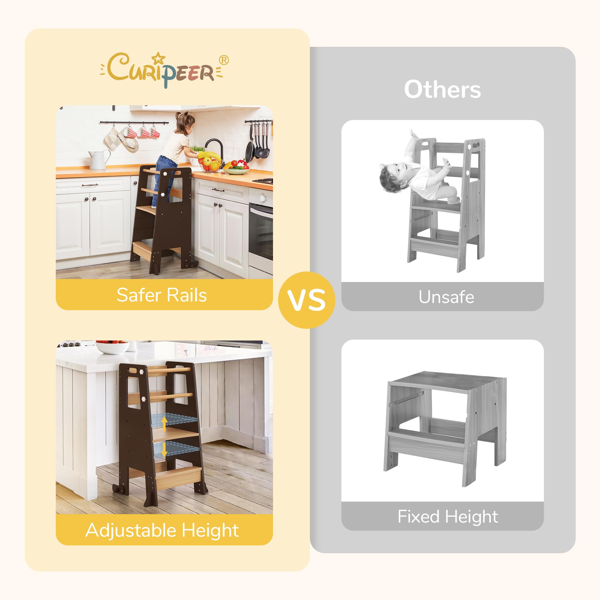 **Adjustable Toddler Step Stool with Safety Rails - Dark Natural Wood Kitchen Helper Tower for Kids - Perfect for Cooking, Bathroom Sink & Bedroom Climbing**