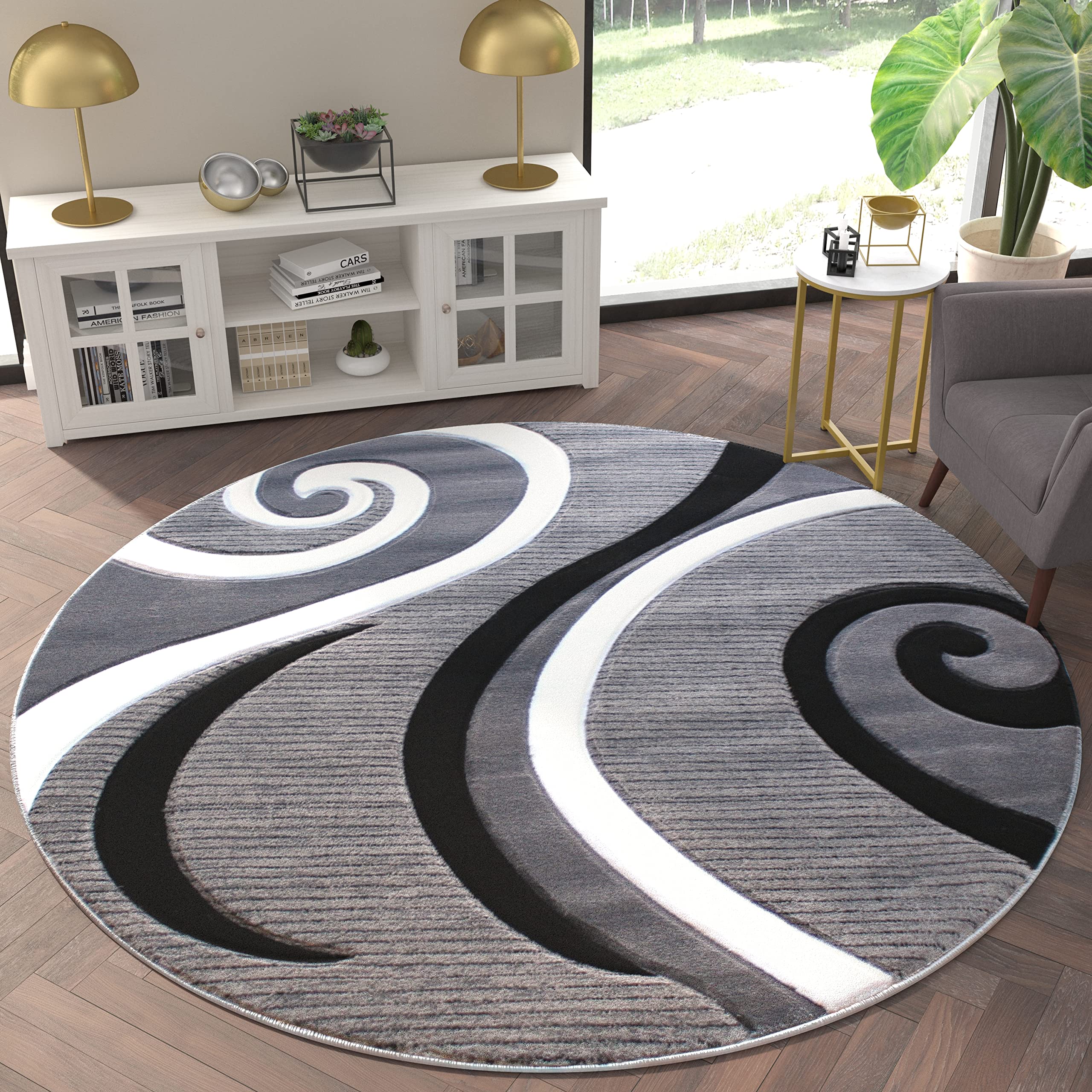 EMMA + OLIVER Olefin Accent Rug - Gray Contemporary Swirl Pattern - 8x8 Round - 3D Sculpted Effect - Stain Resistant - Modern Home Decor for Living Room, Bedroom & Office