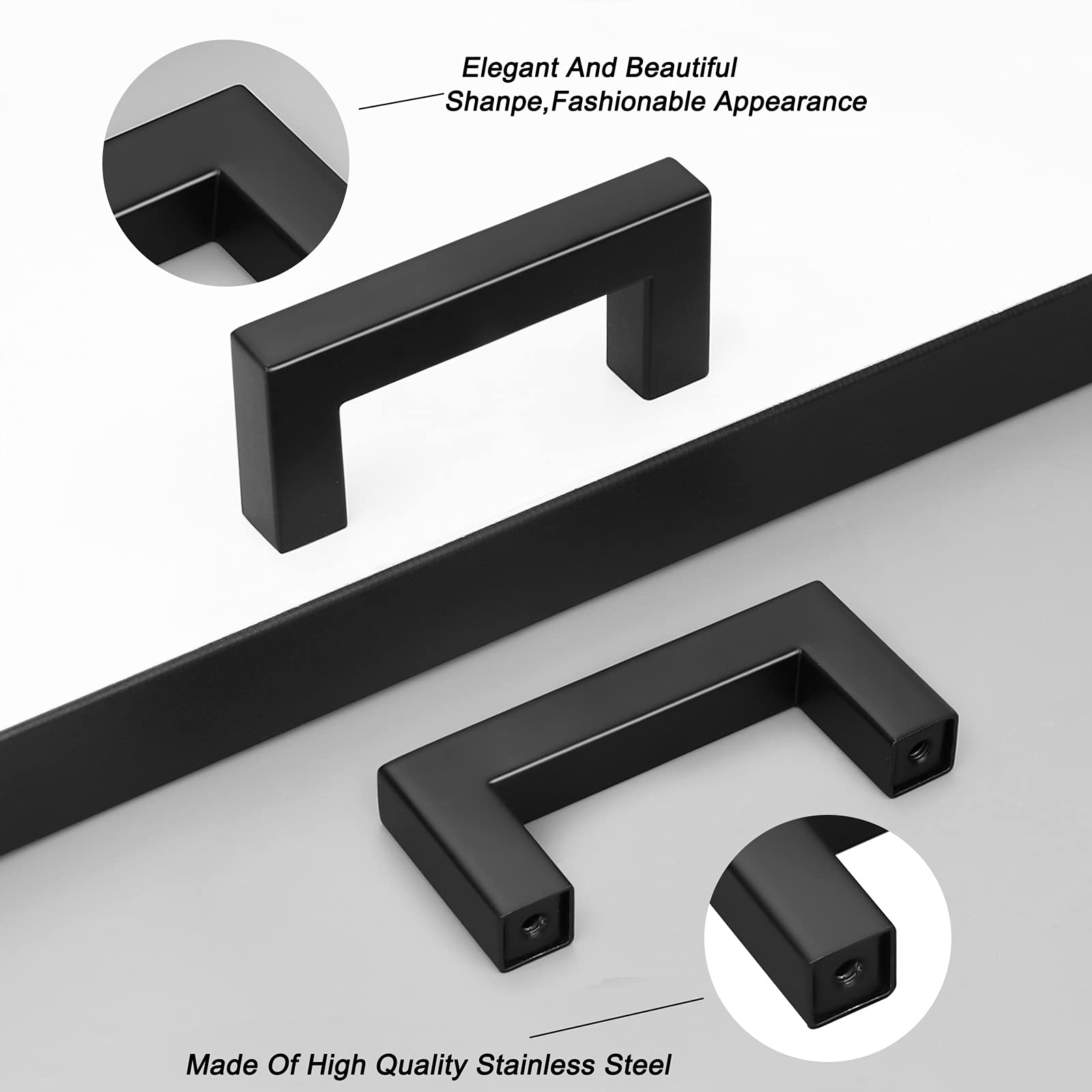 Probrico 10 Pack Black Kitchen Cabinet Pulls - Stainless Steel 2.5 Inch Hole Centers, Square Corner Bar Drawer Handles for Cabinets & Dressers | Durable Hardware for Modern Kitchens, Bathrooms & Furniture