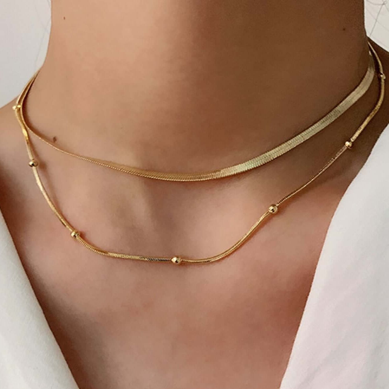 18K Gold Herringbone Chain Choker Necklace for Women - Layered Elegant Minimalist Jewelry Gift for Her | Perfect for Date Night, Wedding & Special Occasions | JDN627
