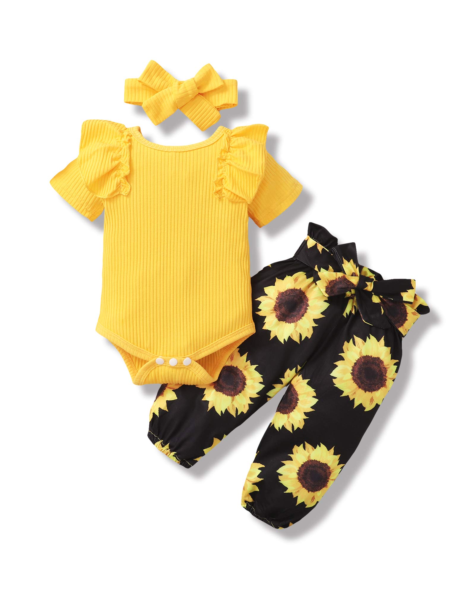 **Adorable Baby Girl Clothes Set - Floral Ruffle Romper & Ribbed Pants Outfit for Newborns & Infants | Perfect for Photos, Parties & Everyday Wear**