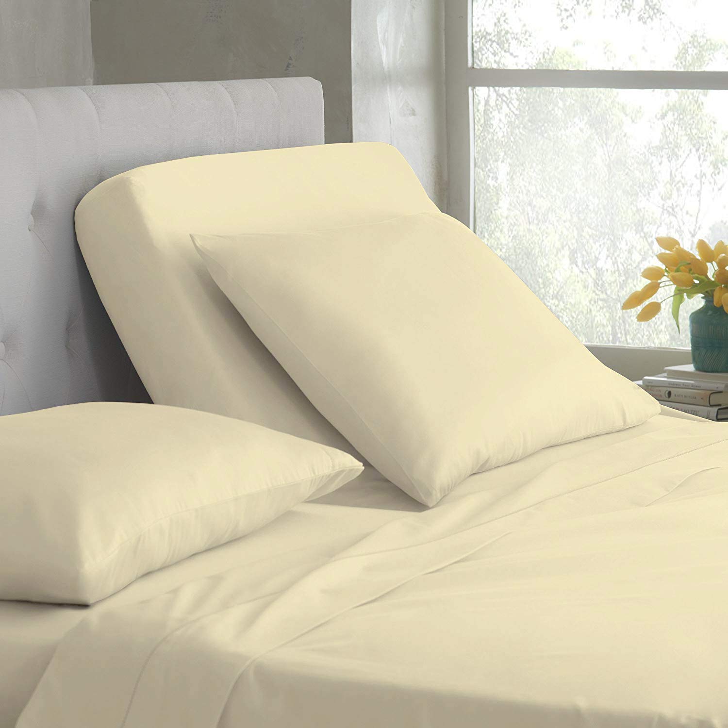 Premium 4-Piece Split Queen Bed Sheet Set - 100% Egyptian Cotton 600 Thread Count with 15 Inch Deep Pocket | Adjustable Top Split Design (34 Inch Split) in Ivory | Perfect for Adjustable Beds, Split Queen Mattresses & Guest Rooms