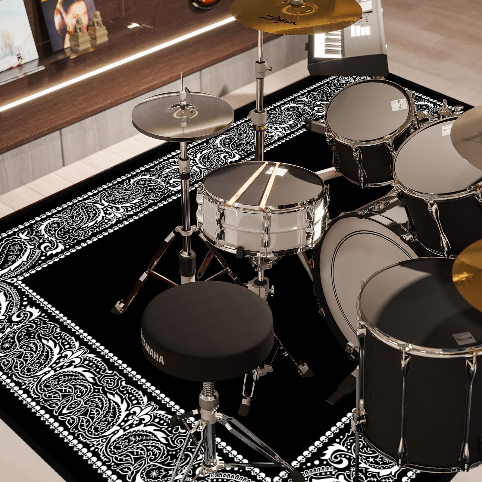 4x6ft Drum Rug with Non-Slip Bottom - Soundproof Drum Set Carpet for Electric Drums, 47x71in Drum Floor Mat - Perfect Drum Accessories & Gift for Drummers (Black) - Ideal for Home Studios, Live Performances & Practice Rooms