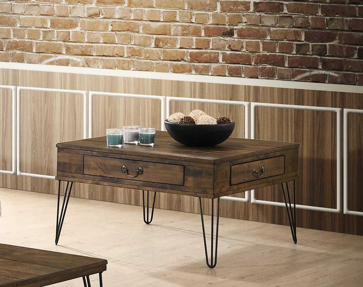 3670M-01 Brown Oak Square Coffee Table with Drawers - Modern Living Room Furniture for Small Spaces, Home Decor Centerpiece