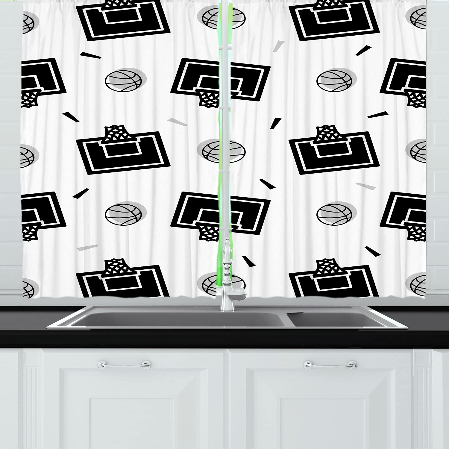 Ambesonne Basketball Themed Kitchen Curtains - Sports Pattern with Balls, Players & Game Action, 2 Panels with Rod Pocket, 55