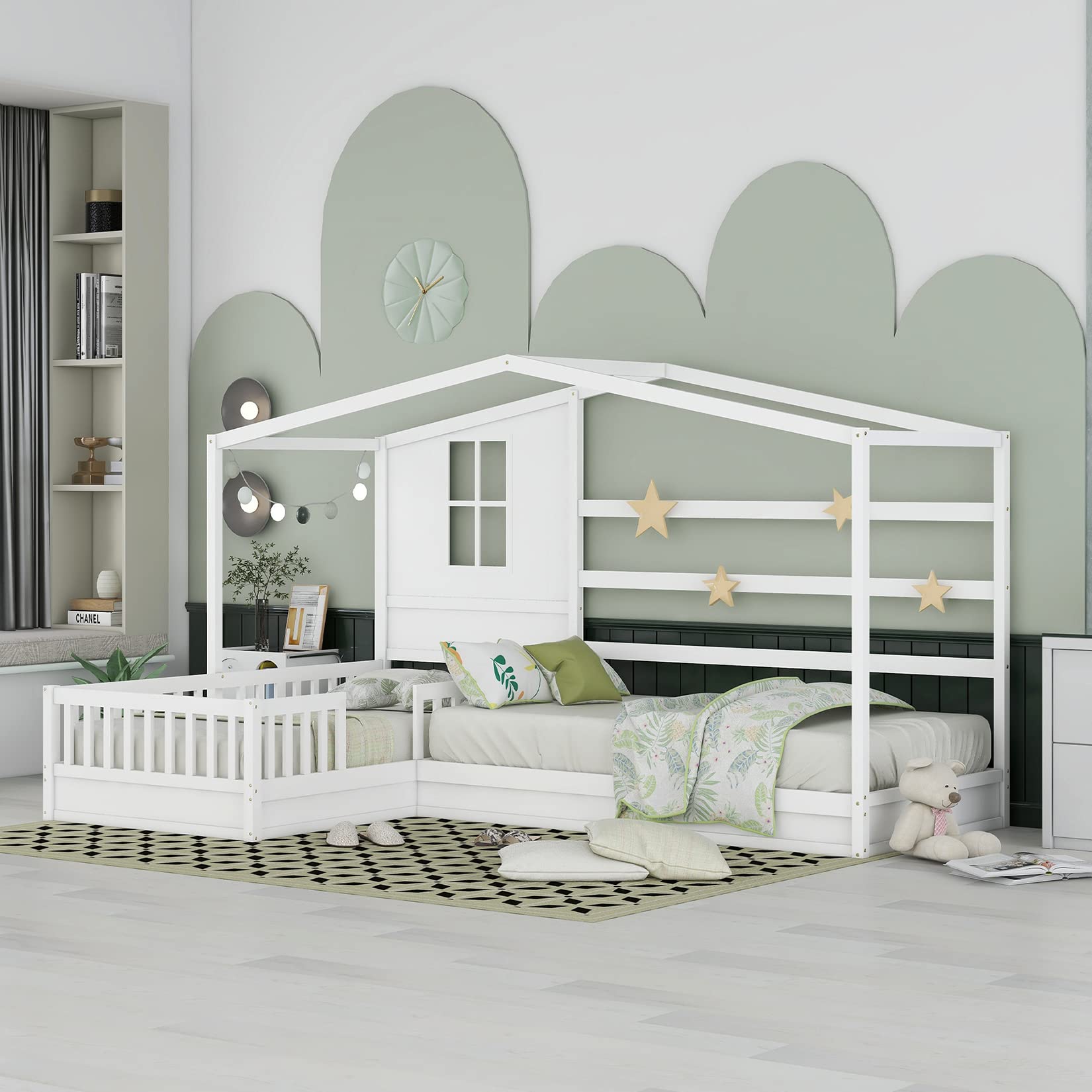 Bellemave L-Shaped Twin Bed Frame with Roof - Solid Wood Corner House Bed for Kids & Teens - Space-Saving Platform Bed for Small Rooms (White) - Perfect for Shared Kids' Bedrooms, Lofts & Cozy Spaces