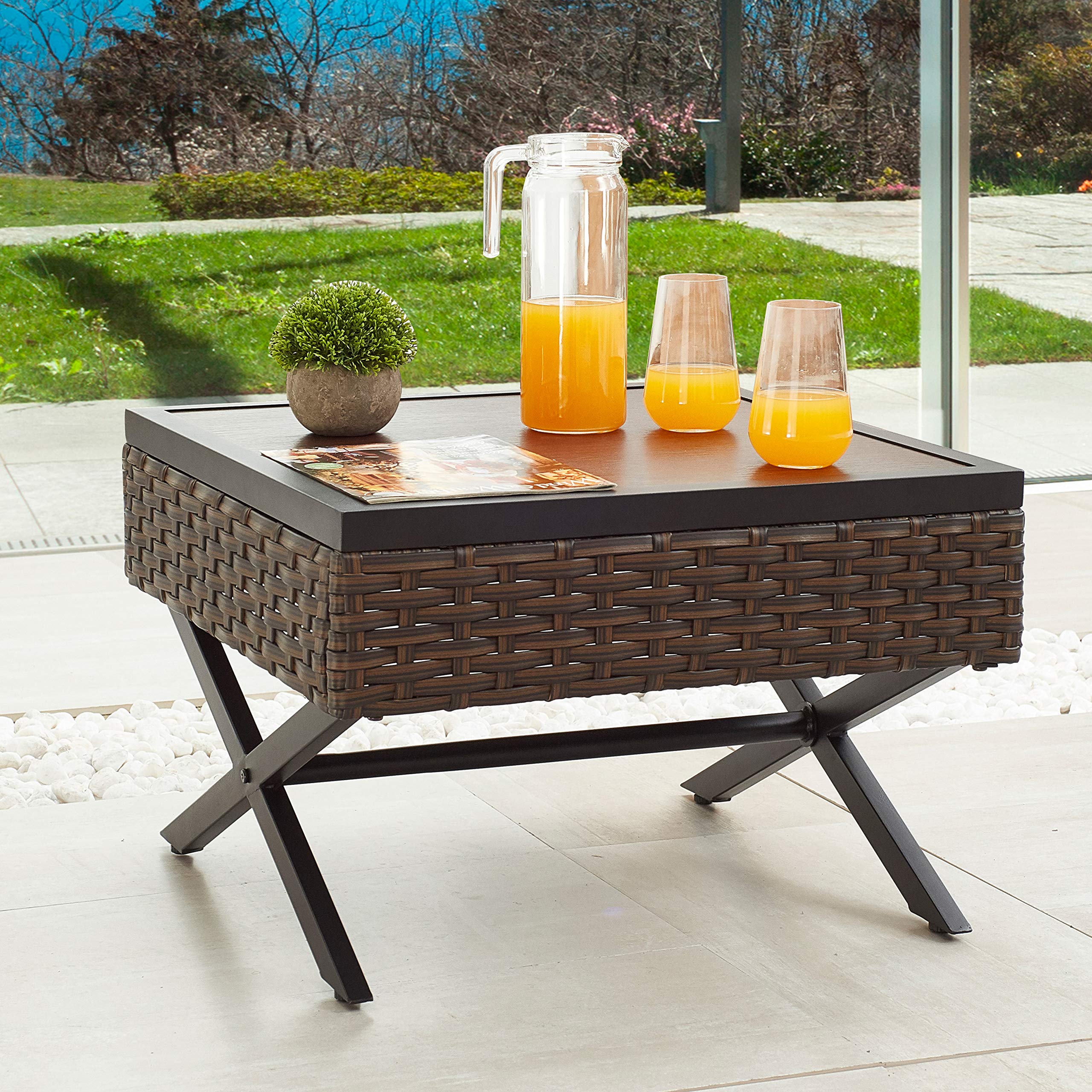 PatioFestival Metal Outdoor Side Coffee Table - Rust-Resistant Steel X-Leg Bistro Dining Table with Rattan Wicker Top | Perfect for Patio, Garden, Poolside & Balcony Furniture