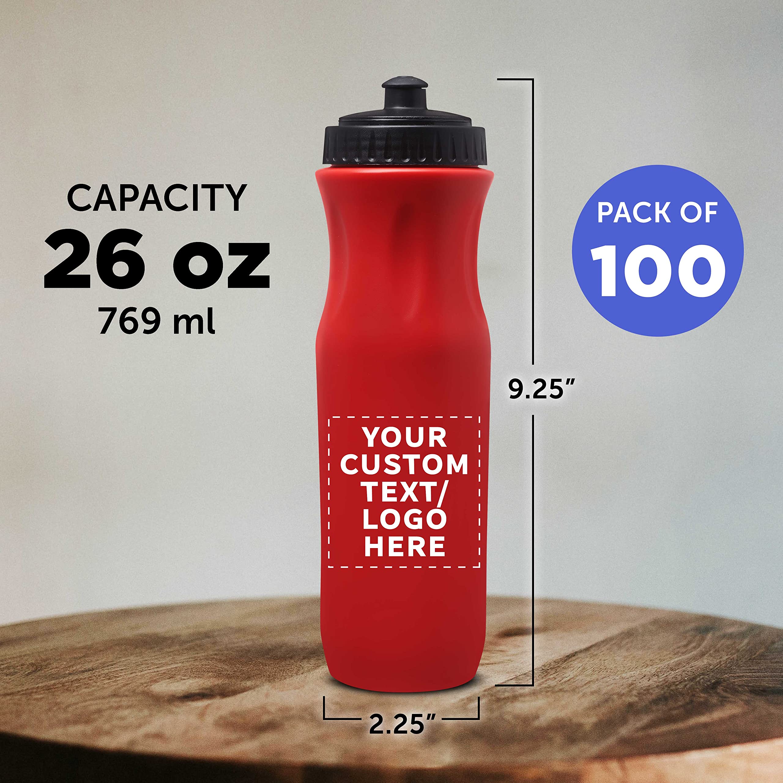 100 Pack 26 oz Plastic Water Bottles with Black Push Top Lid - Custom Text & Logo Printing - Bulk Reusable Water Bottles for Sports, Gym, School, and Outdoor Activities - Red