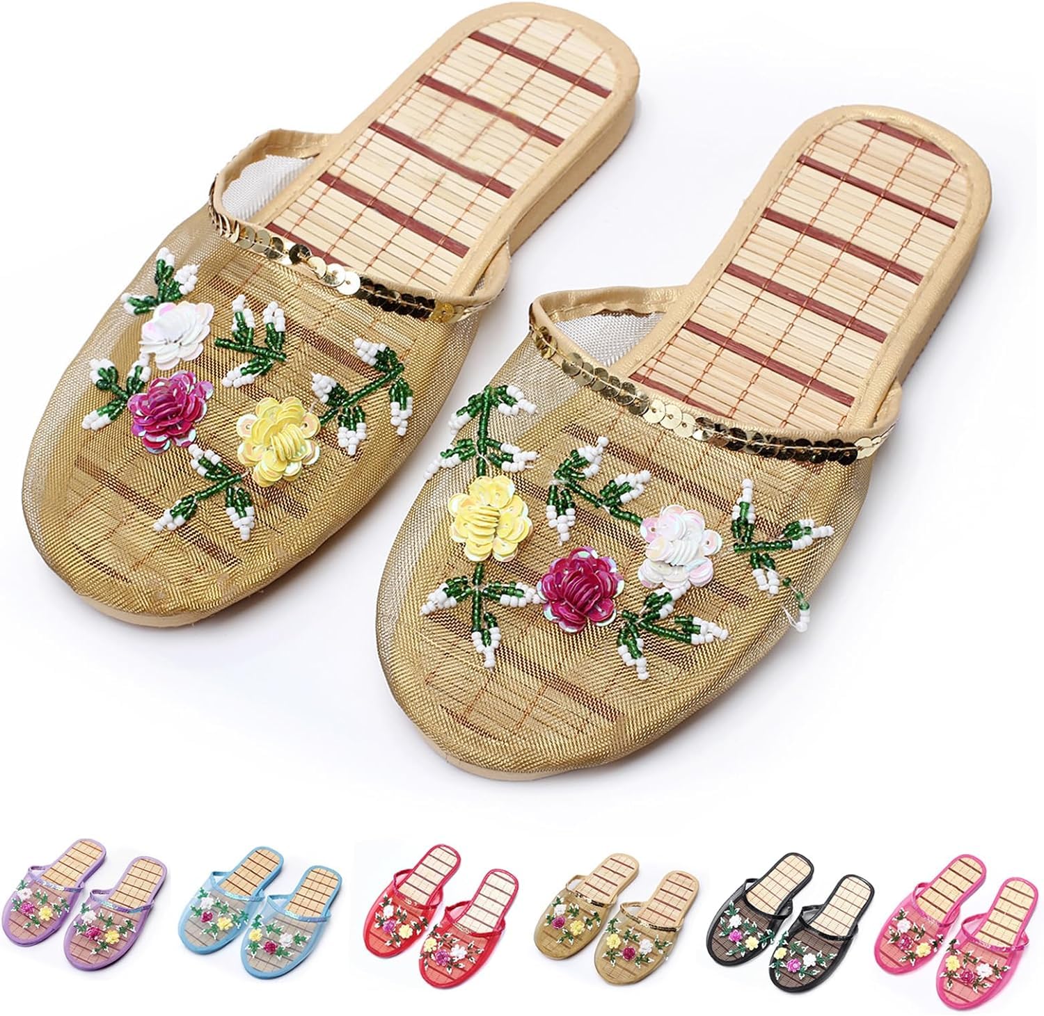 Comfortable Chinese Mesh Bamboo Flats Slippers for Women - Breathable Summer House Shoes for Indoor/Outdoor Use, Spa, Yoga & Relaxation at Home