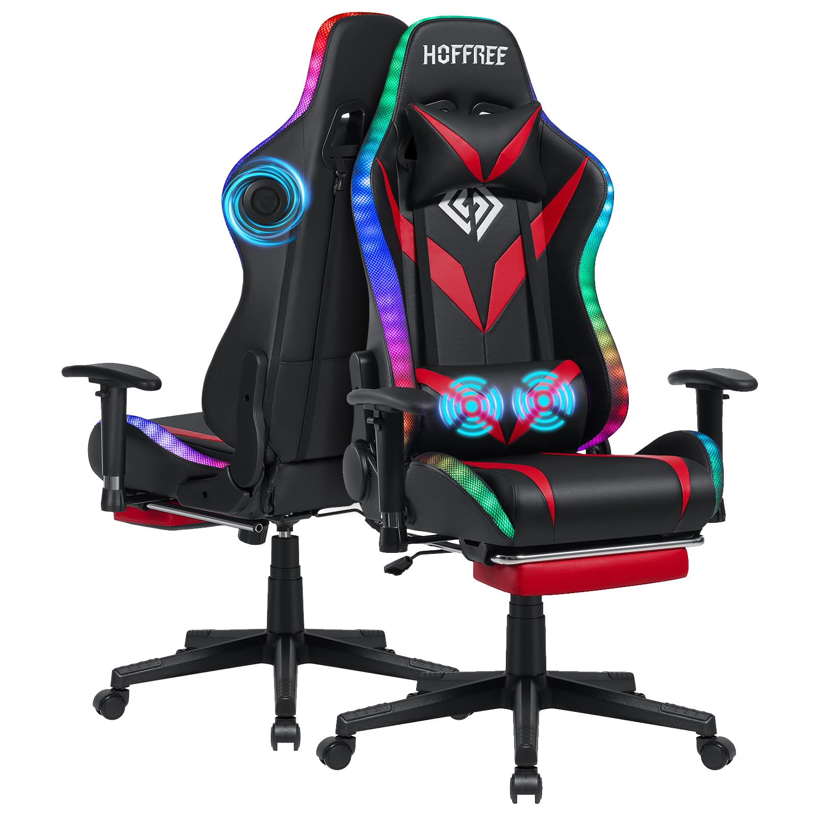 HOFFREE RGB Gaming Chair with Bluetooth Speakers, Massage & LED Lights - Ergonomic Racing Gamer Chair with Footrest, High Back Computer Desk Chair for PC Gaming (Red & Black) - Perfect for Esports, Streaming & Home Office Setup