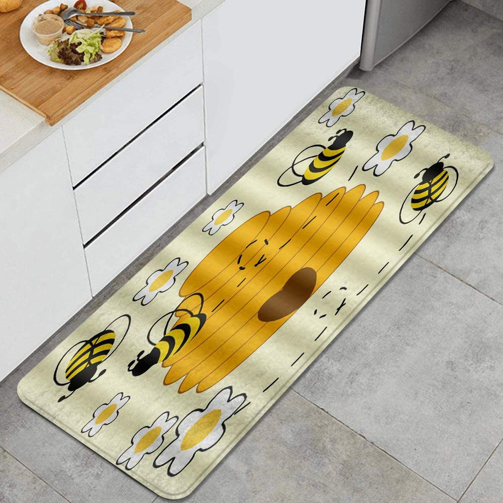 Non-Slip Kitchen Rug Set with Rubber Backing - Bumblebee Hive Design, Absorbent Doormat Runner for Entryway, Bedroom, Hallway & Laundry Room - Perfect for Home Decor and Floor Protection