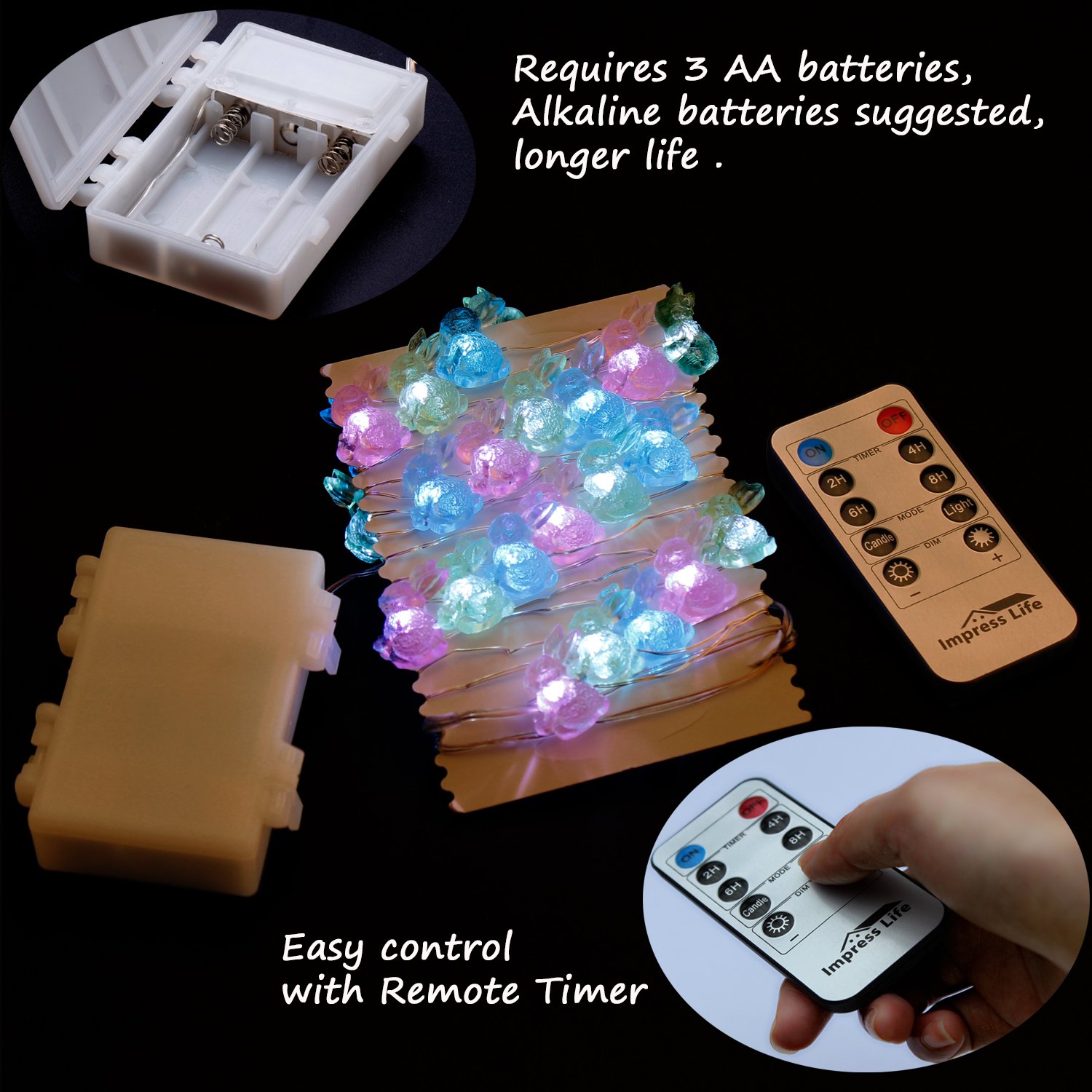 Easter Decoration Lights - Impress Life Rabbit Bunny String Lights with Remote, Battery & USB Dual Power for Indoor Outdoor Use - Perfect for Home, Party, Wedding, Camping, Birthday, Bedroom Decor
