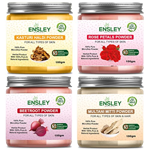 Ensley Natural Kasturi Haldi & Rose Petals Powder & Beet Root Powder & Multani Mitti Powder 400Gm (Pack of 4 x 100Gm) - Organic Ayurvedic Skincare for Glowing Face, Body Scrub & Hair Mask