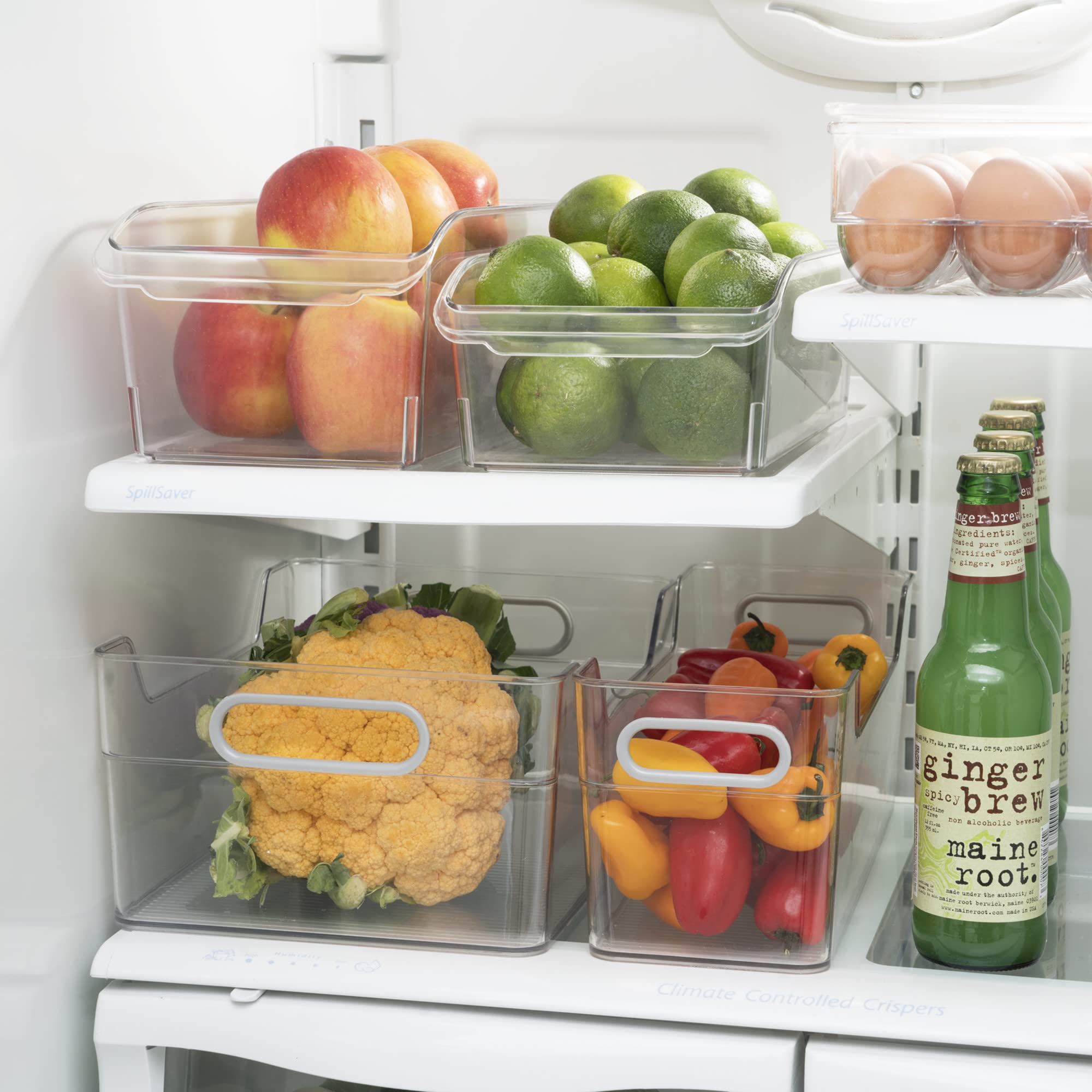Clear Plastic Refrigerator Organizer Bins - 6 Pack with Finger Grip Handles (12