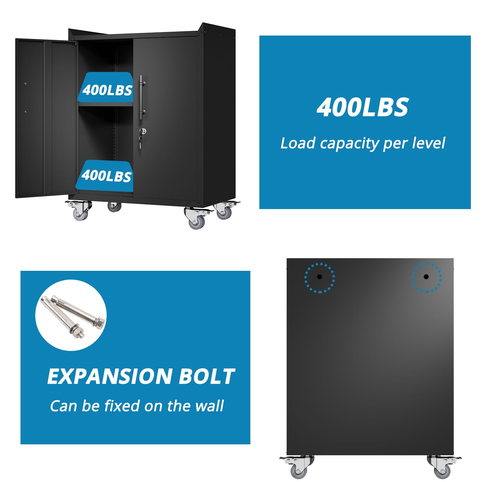 Heavy Duty Lockable Metal Storage Cabinet with Adjustable Shelves & Wheels - 35.4