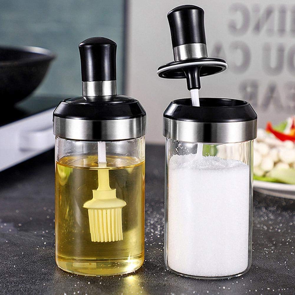 Premium Borosilicate Glass Food Storage Jars with Spoon & Olive Oil Bottle with Brush - 250ml Kitchen Spice Salt Sugar Condiment Containers (Set of 2, Transparent) - Perfect for Pantry Organization, Cooking & Baking Essentials
