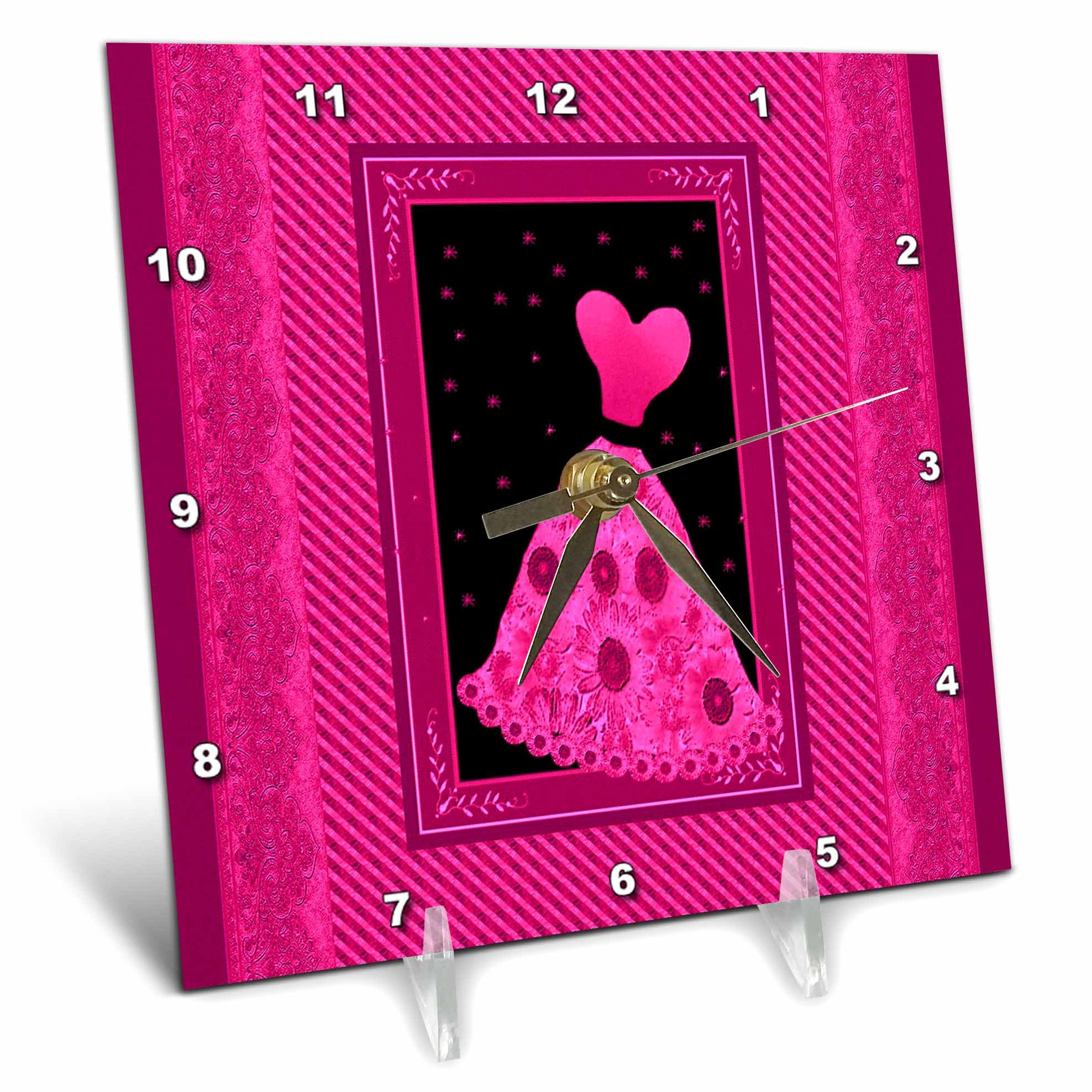 3D Rose Hot Pink Floral Dress with Stars and Stripes & Damask Ribbon Frame Desk Clock - 6x6 Inch Elegant Home Office Decor for Women's Workspace, Bedroom, or Gift Idea