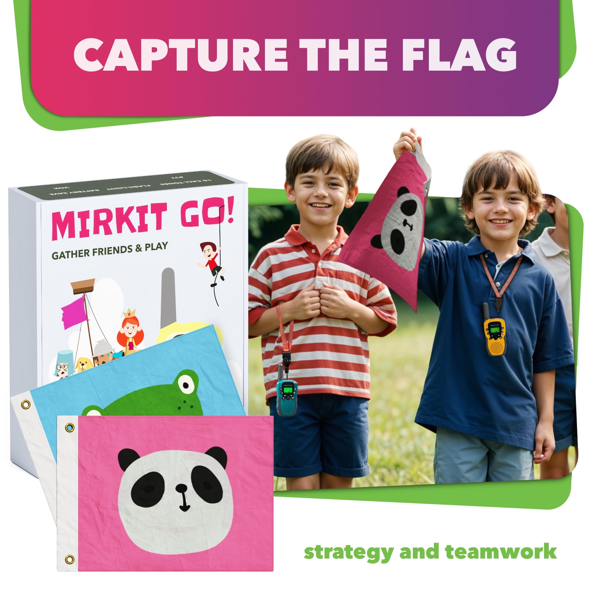 MIRKIT GO! Game: 2-Pack Kids Walkie Talkies with 4 Outdoor Backyard Games - Scavenger Hunt, Capture The Flag, Police & Hide and Seek | Fun Yard Games for Kids & Adults | Includes Free Handcuffs | Perfect for Family Camping, Birthday Parties & Outdoor Adventures