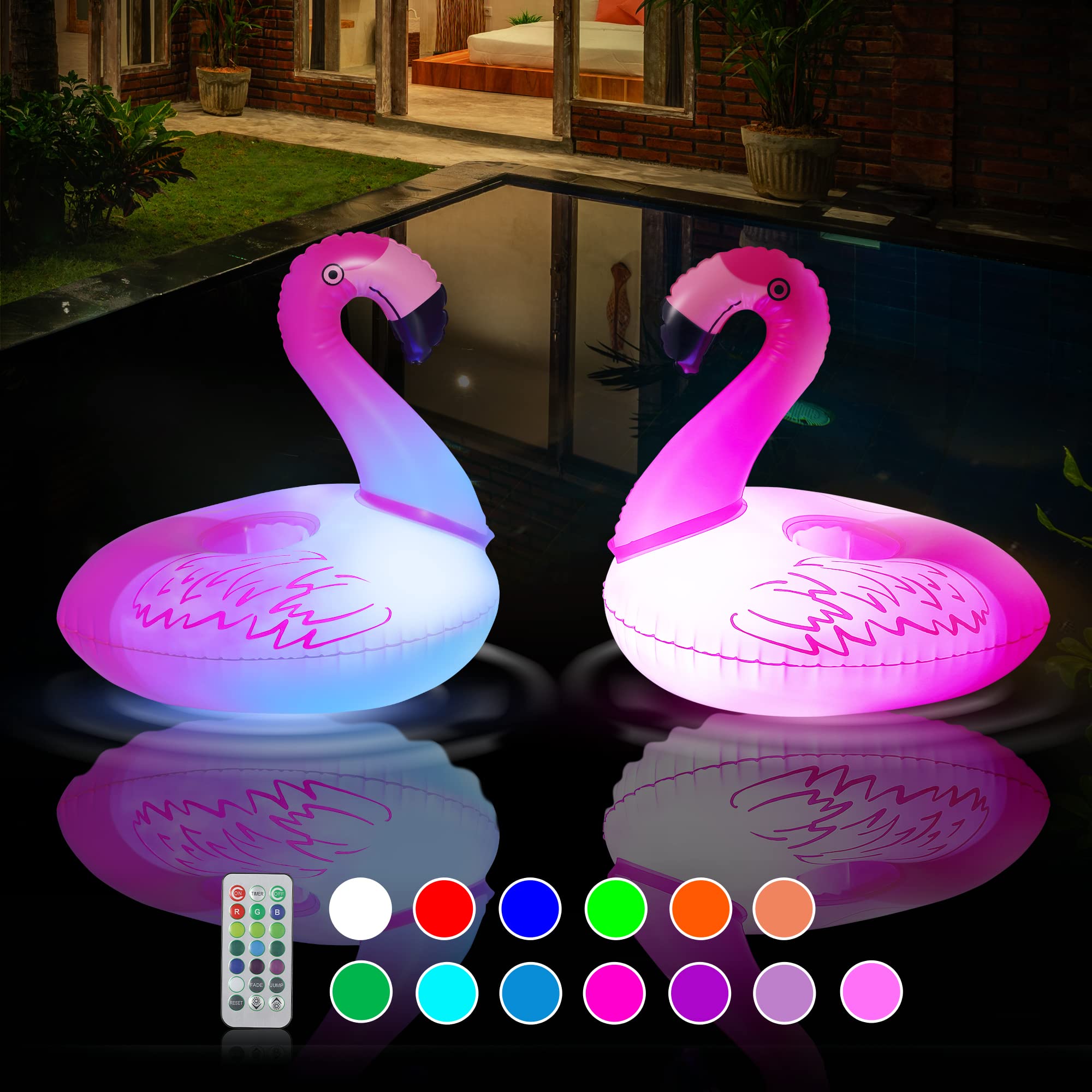 2Pcs Flamingo Floating Pool Lights - 13 RGB Color Changing LED Inflatable Drink Holder Lights for Swimming Pools, Hot Tubs, Beach Parties & Outdoor Decor - Waterproof Glow Lights for Nighttime Pool, Garden, and Bath Relaxation
