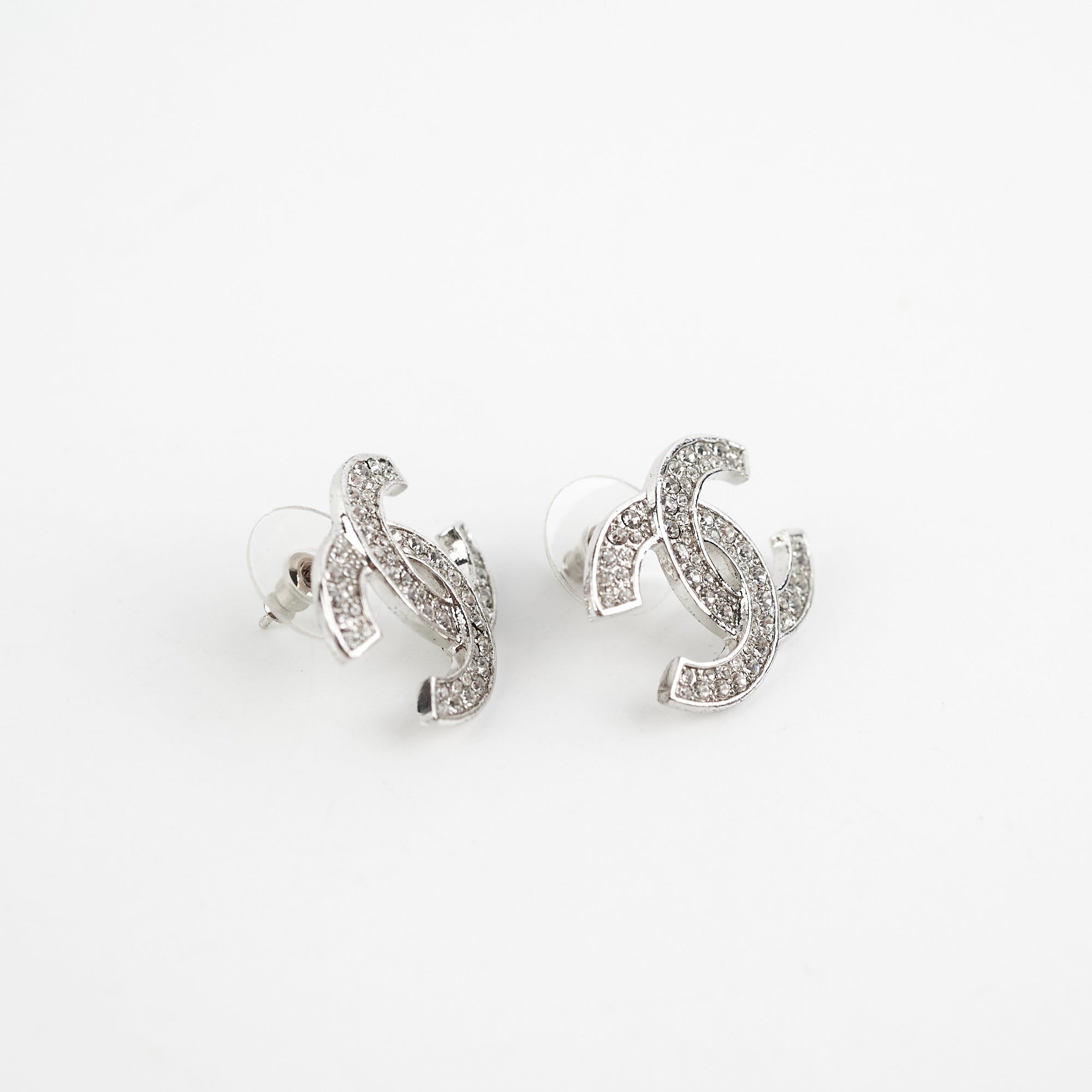 Chanel Silver Rhinestone CC Logo Earrings - Fashion Costume Jewelry for Women | Perfect for Parties, Weddings & Evening Events