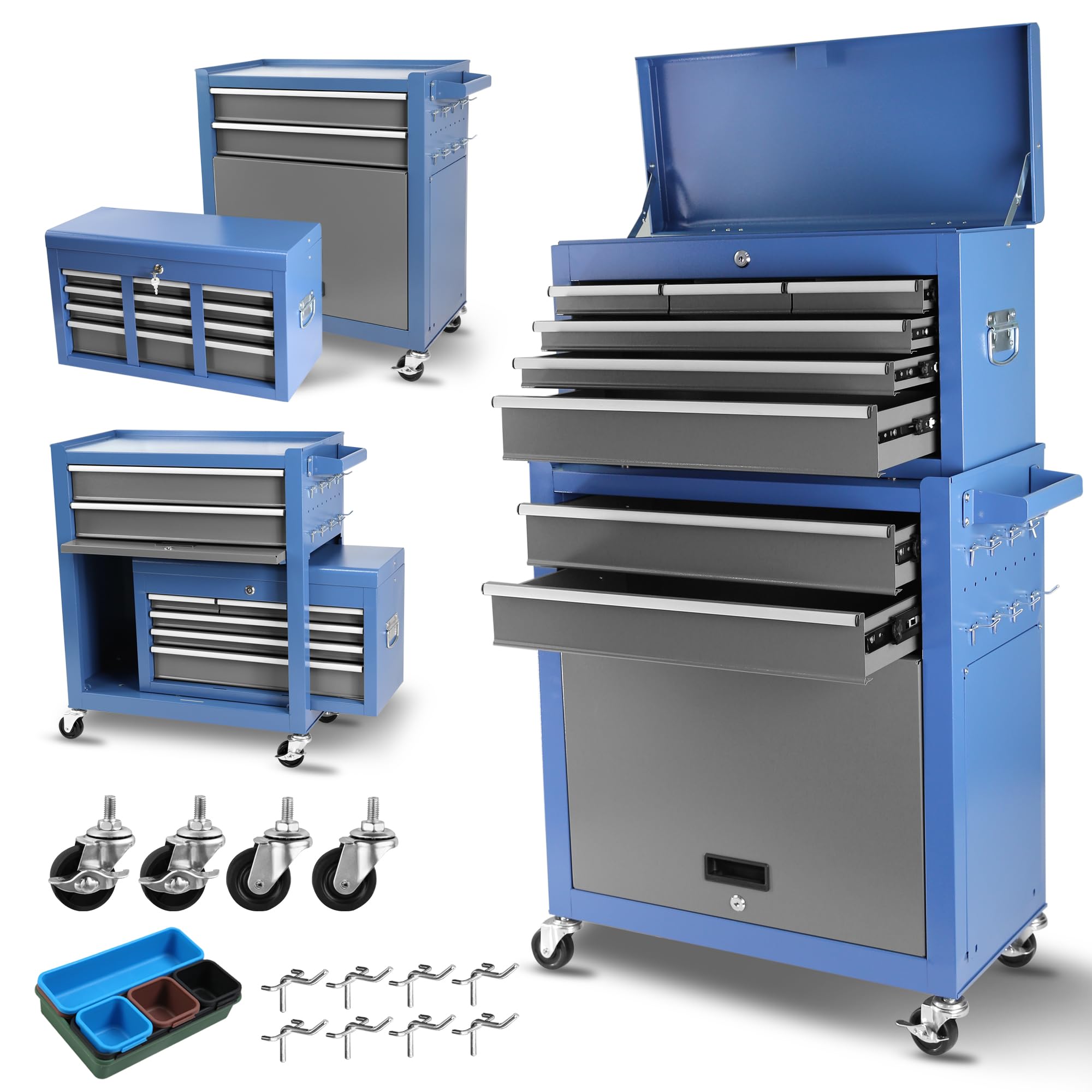 8-Drawer Rolling Tool Chest with Detachable Organizer & Lockable Wheels - Mobile Tool Storage Box for Workshop, Garage, Mechanics - Heavy Duty & Secure (Blue & Grey) - Perfect for Automotive Repair, DIY Projects & Home Organization