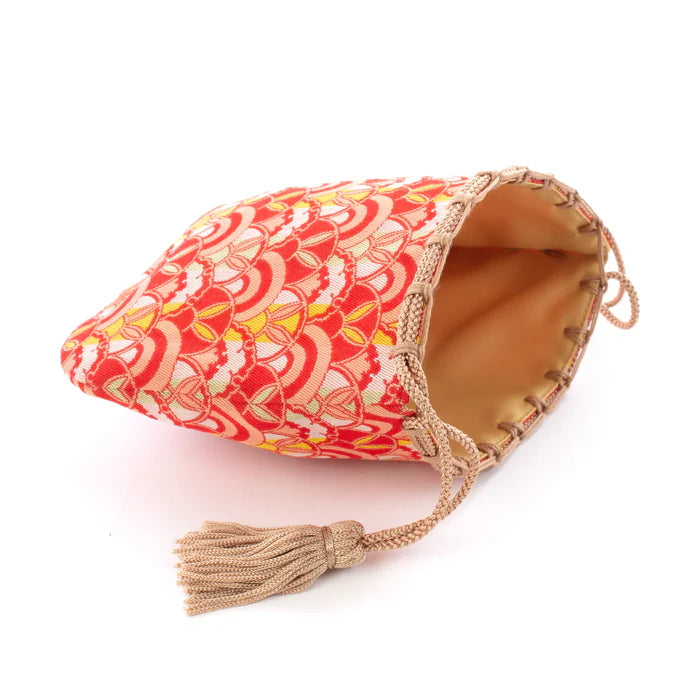 Handmade Nishijin Ori Small Drawstring Rabbit Purse - Red Kyoto Japanese Traditional Craft Bag for Gifts, Cosmetics & Jewelry Storage