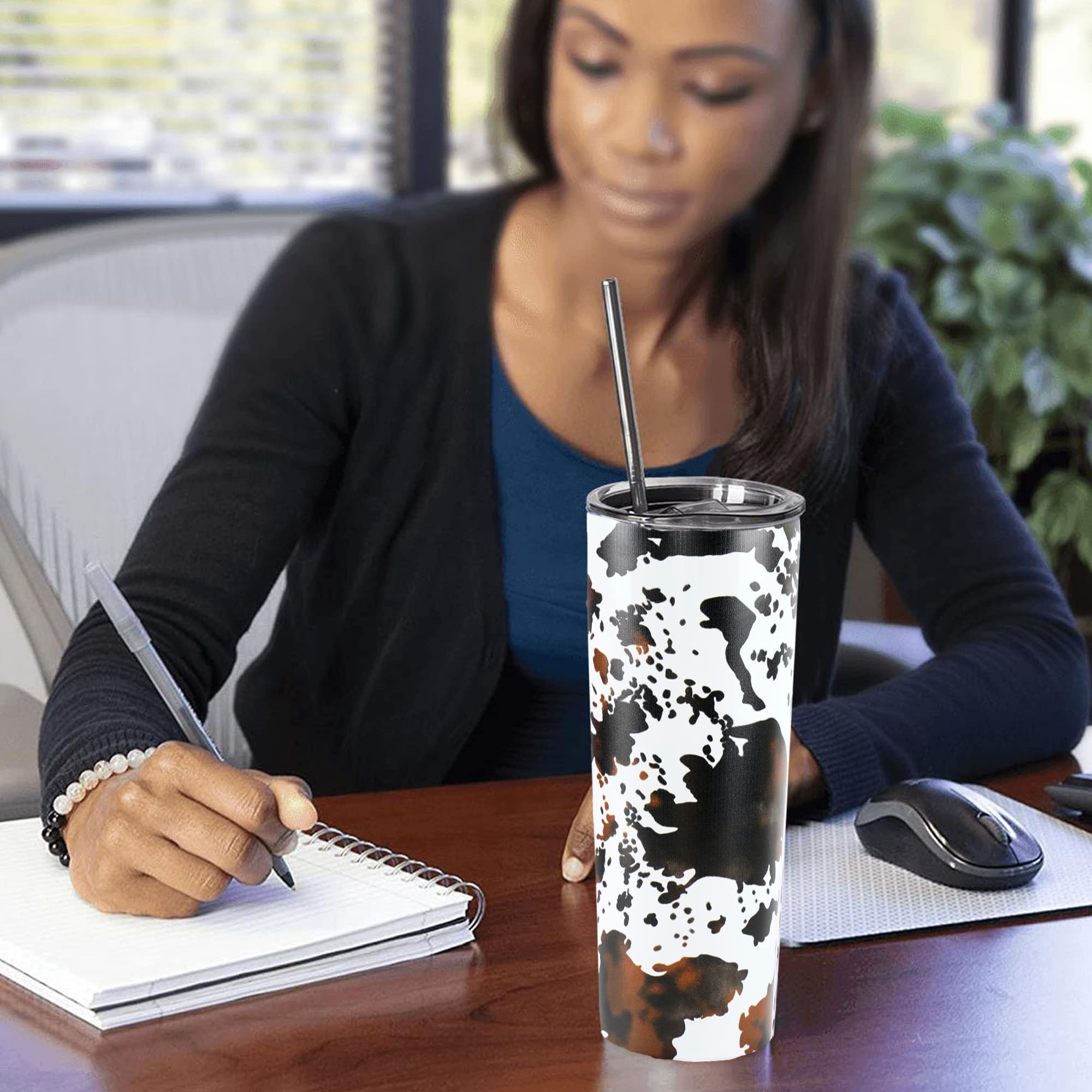 **20oz Cow Print Skinny Tumbler with Lid & Straw - Insulated Stainless Steel Travel Mug - Double Wall Coffee Cup - Perfect for Office, Gym, Travel - Great Birthday Gift for Women, Mom, Sister & Friends**