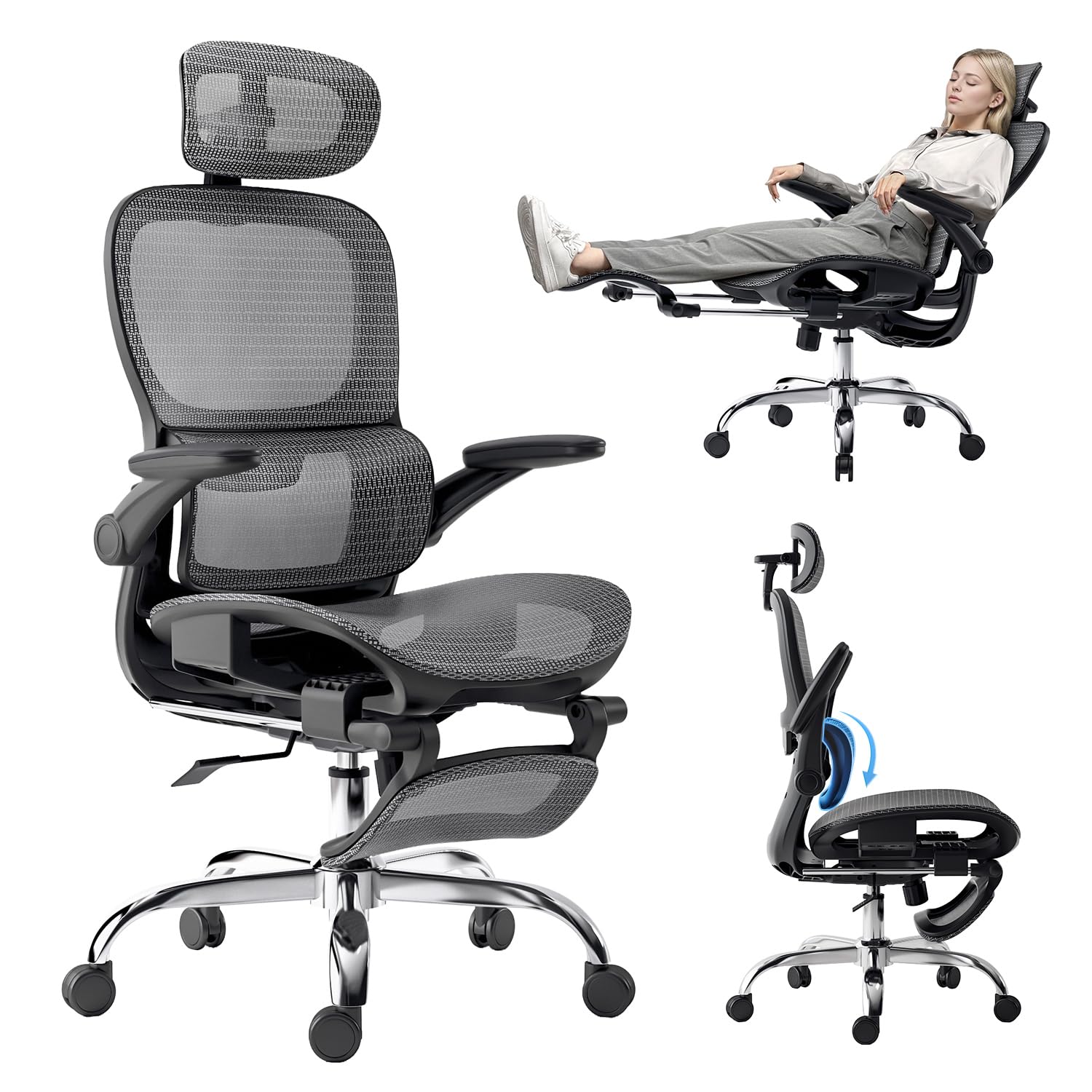 Ergonomic Office Chair with Tilt Function, Adjustable Headrest & Flip-Up Armrests - Breathable Mesh Back with Footrest, SGS Certified Gas Cylinder - Perfect for Home Office, Gaming & Workspaces