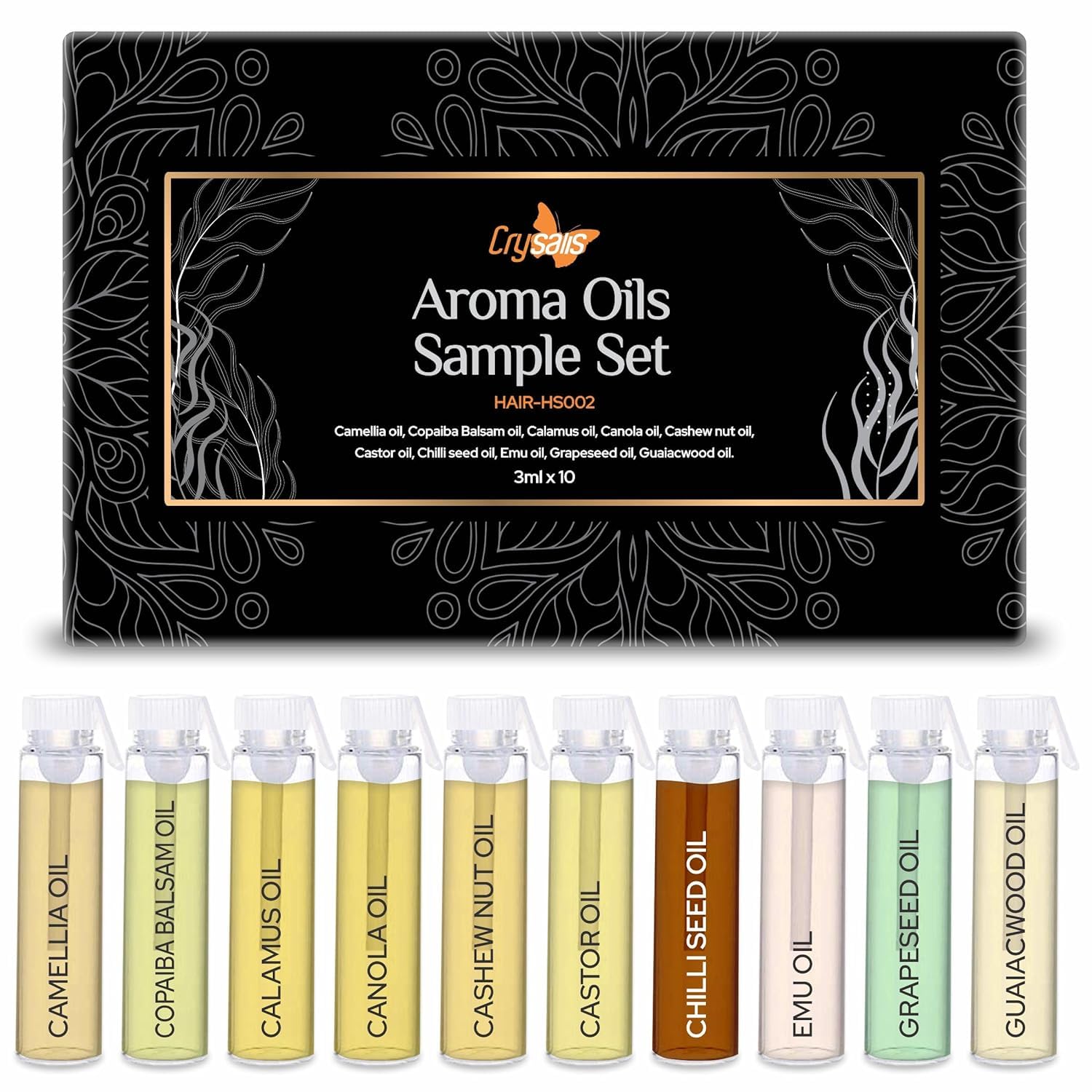 CRYSALIS Premium Hair Care Oil Set - 10x3ml (Camellia, Copaiba Balsam, Calamus, Canola, Cashew, Castor, Chilli Seed, Emu, Grapeseed & Guaiacwood Oils) | Nourishing Scalp Treatment for Dry Hair Repair & Growth | Perfect for Daily Hair Care Routine & Spa Treatments
