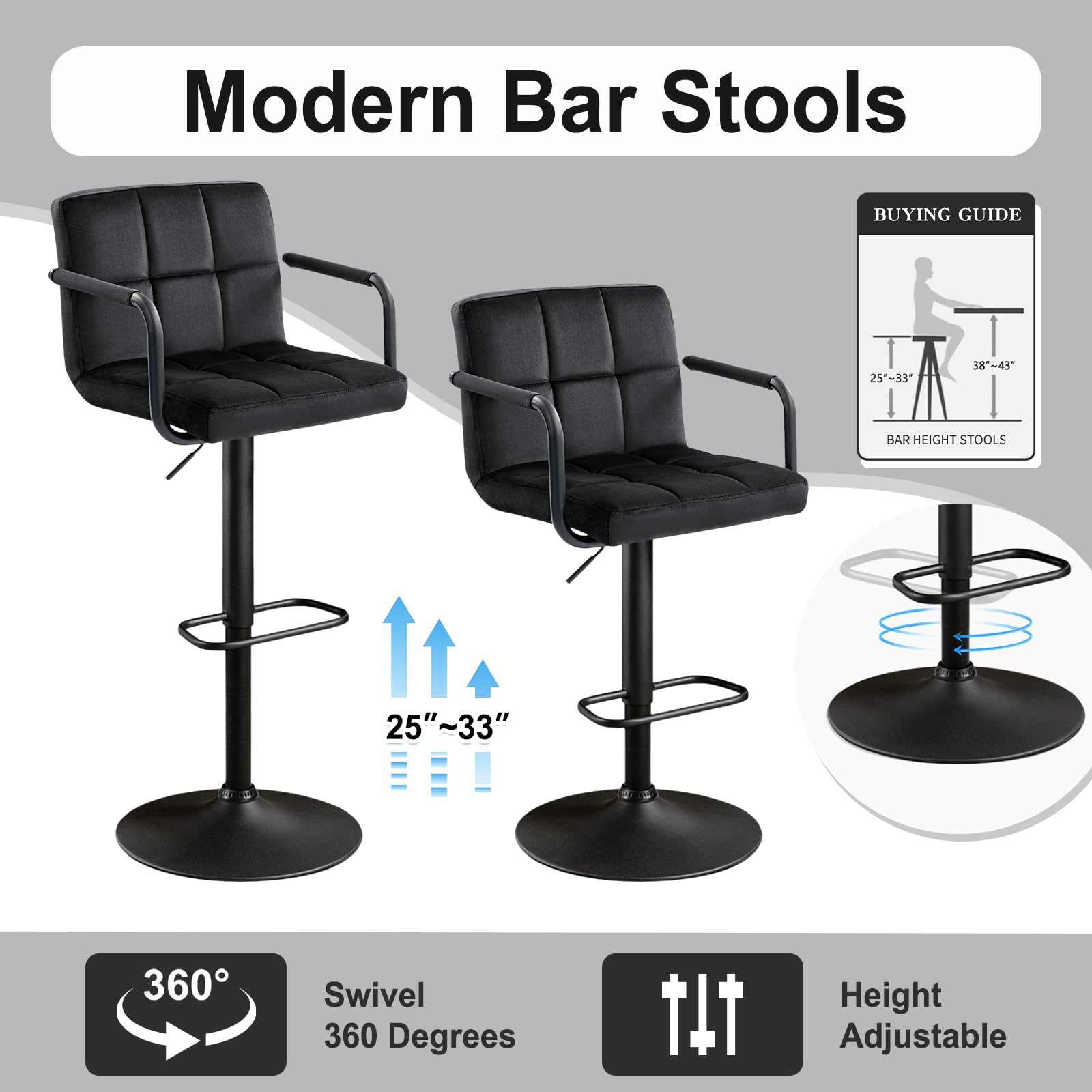 Furnimart Adjustable Swivel Bar Stools Set of 2 - Upholstered Counter Height Stools with Armrest & Footrest, Velvet Black - Perfect for Kitchen Island, Breakfast Bar & Dining Room Decor