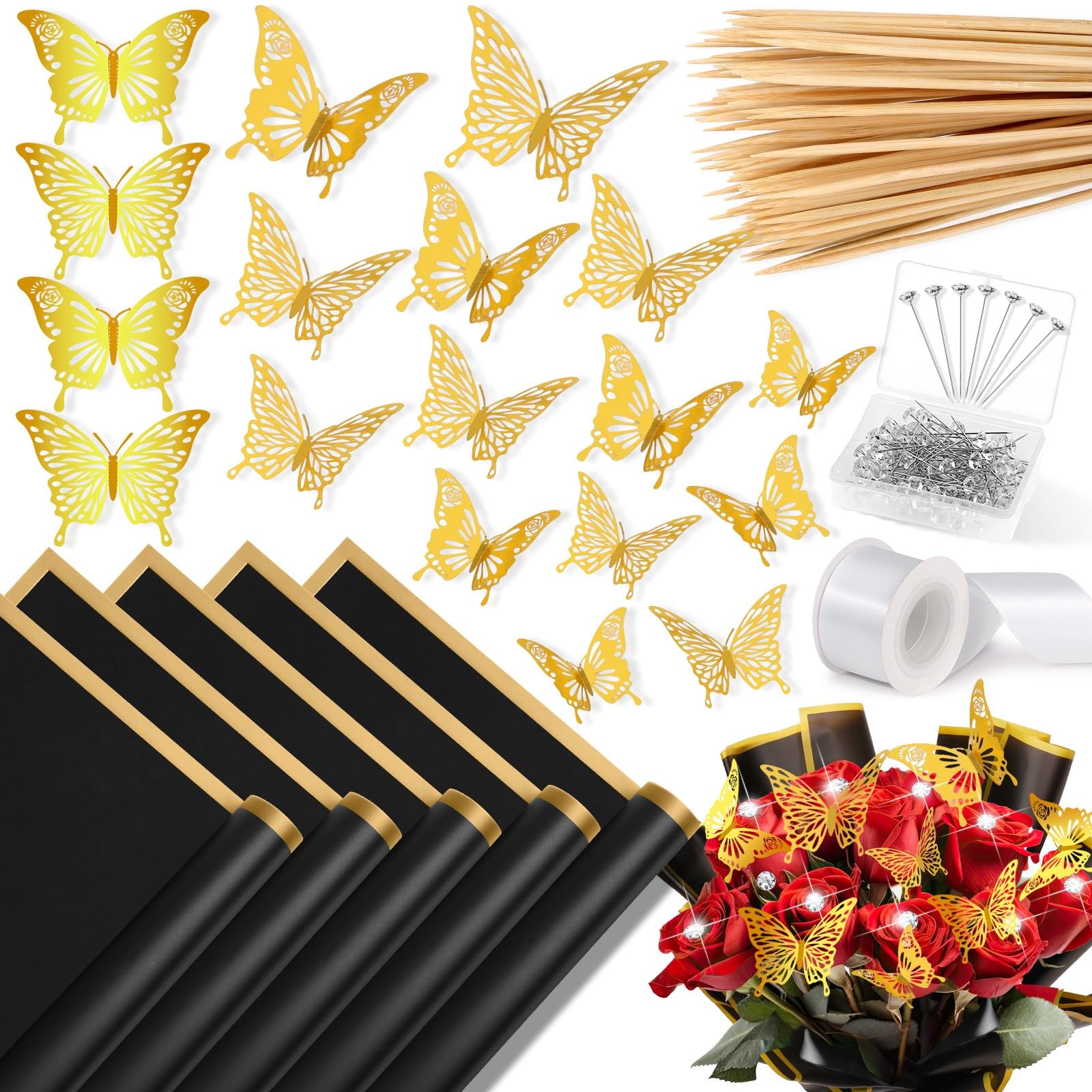 235Pcs Floral Wrapping Paper Set for Bouquets - Includes 20 Black Flower Wrapping Sheets, Butterflies, Rhinestone Pins, Ribbons & Wooden Sticks - Perfect for DIY Money Bouquets, Gift Wrapping & Wedding Decorations