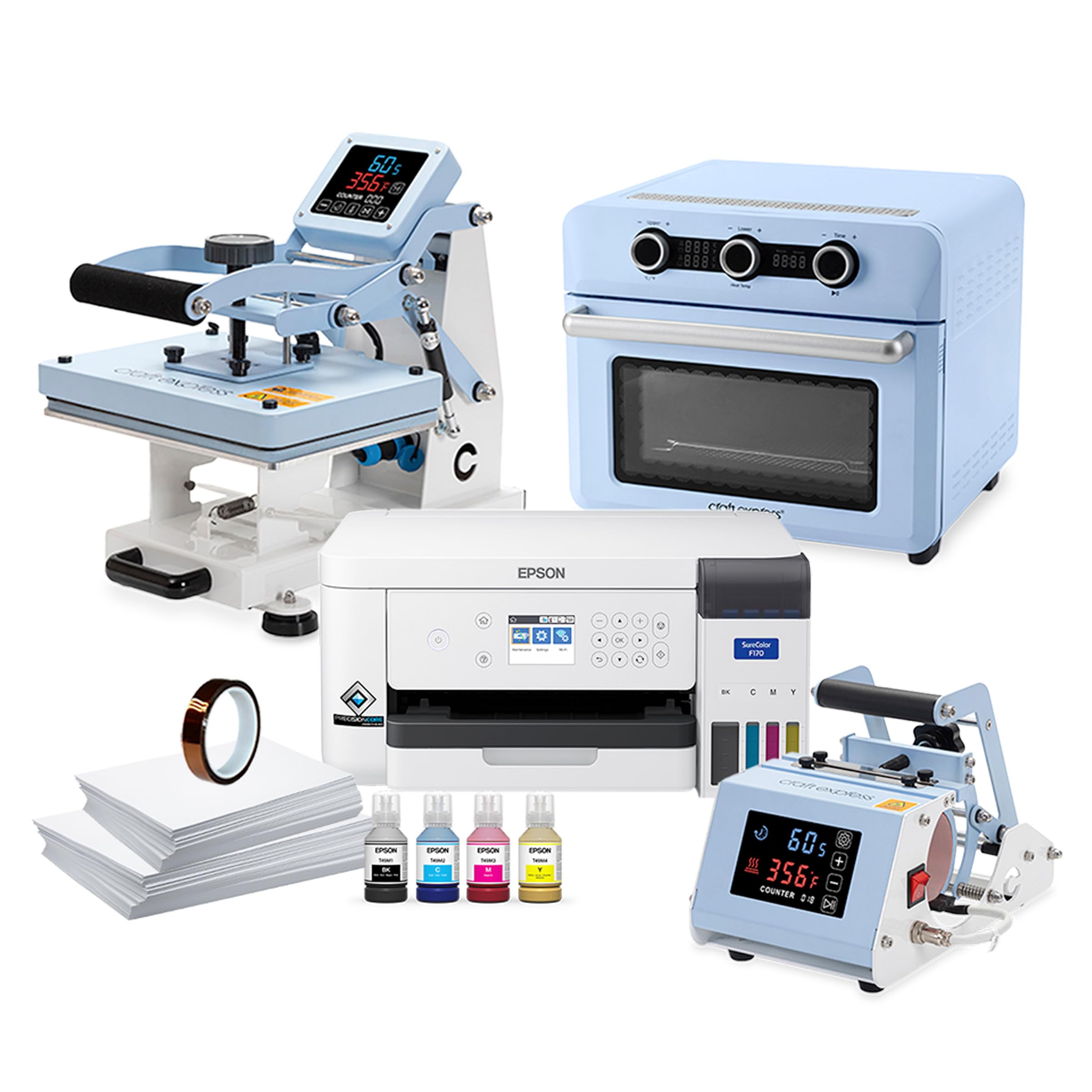 Epson F170 Sublimation Printer & Craft Express Combo Kit - Heat Press Machine, Mug Press, Sublimation Oven for T-Shirts, Mugs, Tumblers - DIY Sublimation Printing for Small Business & Home Crafting