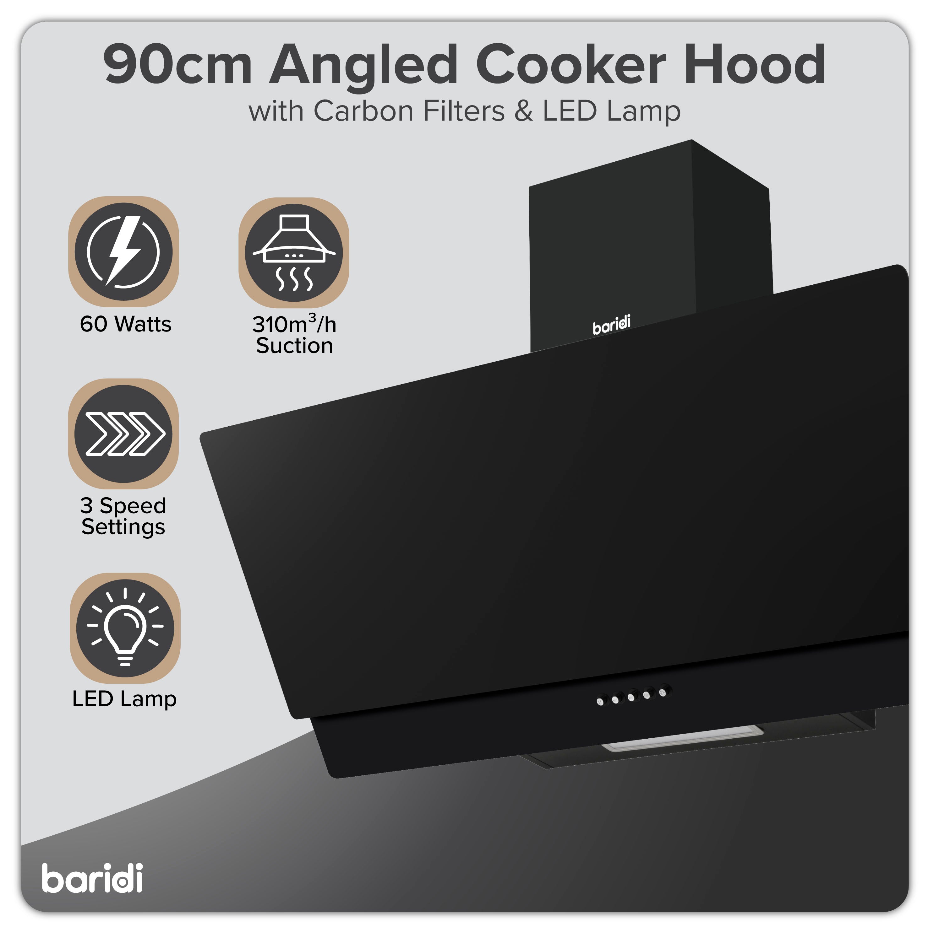 Baridi 90cm Angled Chimney Cooker Hood with Carbon Filters & LED Light - Black Glass Kitchen Extractor Fan - DH106 - Perfect for Modern Kitchens & Open-Plan Living Spaces