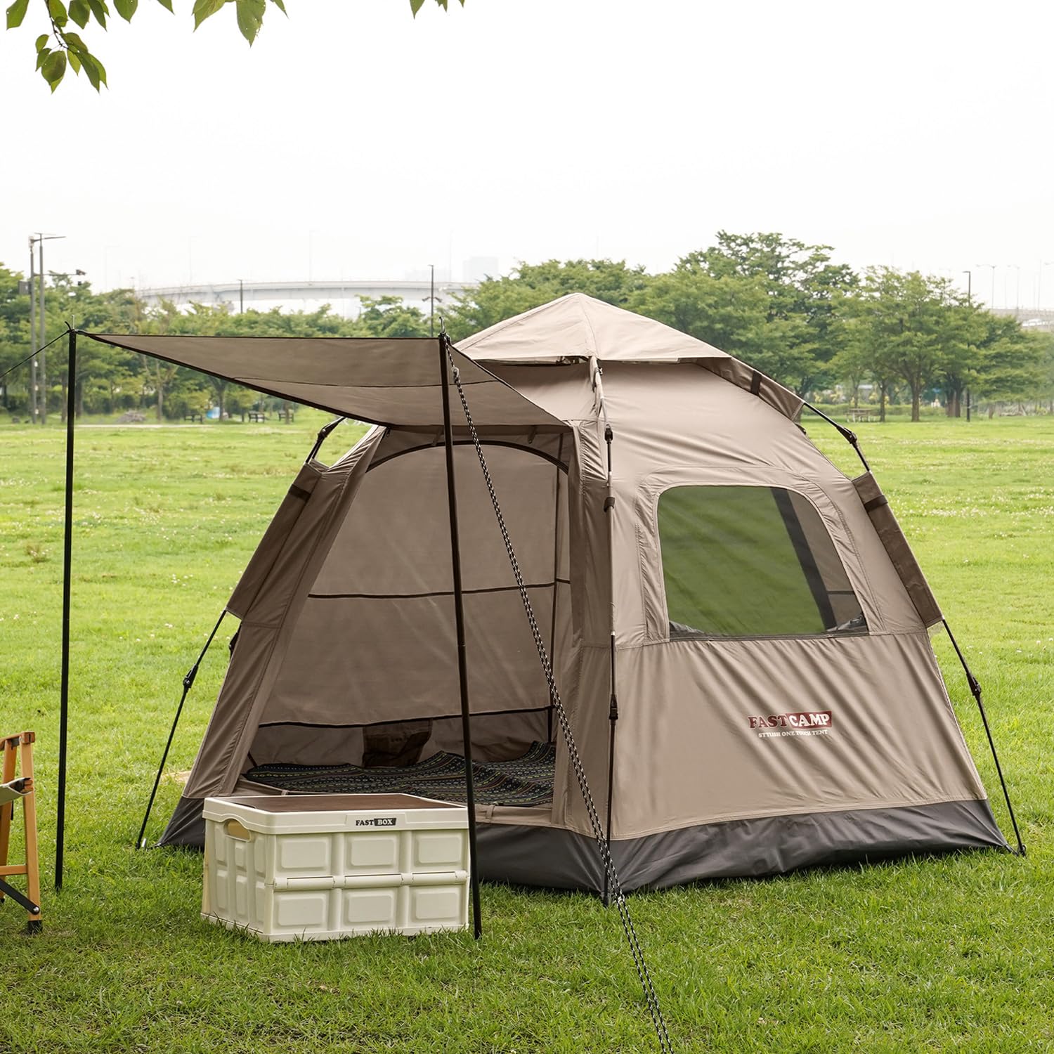 4 Person Instant Pop Up Camping Tent - Hexagonal Design with 2 Mesh Windows, 2 Doors & Rainfly - Easy Setup Family Tent for Outdoor Adventures, Backpacking, Hiking & Beach Trips