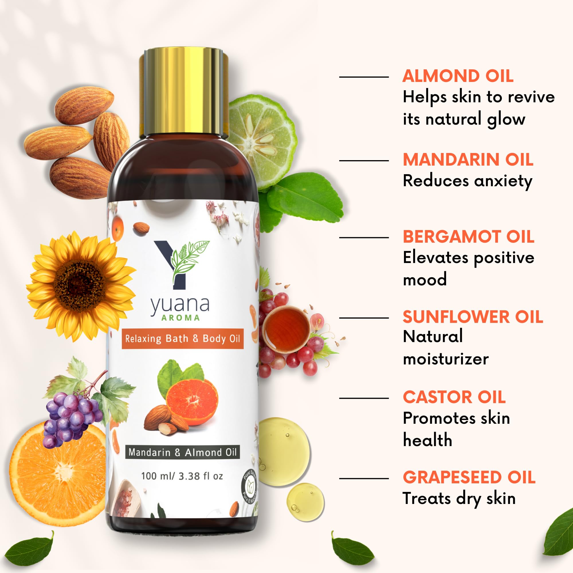 Yuana Aroma Relaxing Bath and Body Oil - 100% Natural with Almond Oil, Mandarin & Bergamot Essential Oils | Promotes Relaxation, Better Sleep & Glowing Skin | At-Home Spa Experience | 100ml | Perfect for Stress Relief, Self-Care Nights & Romantic Baths