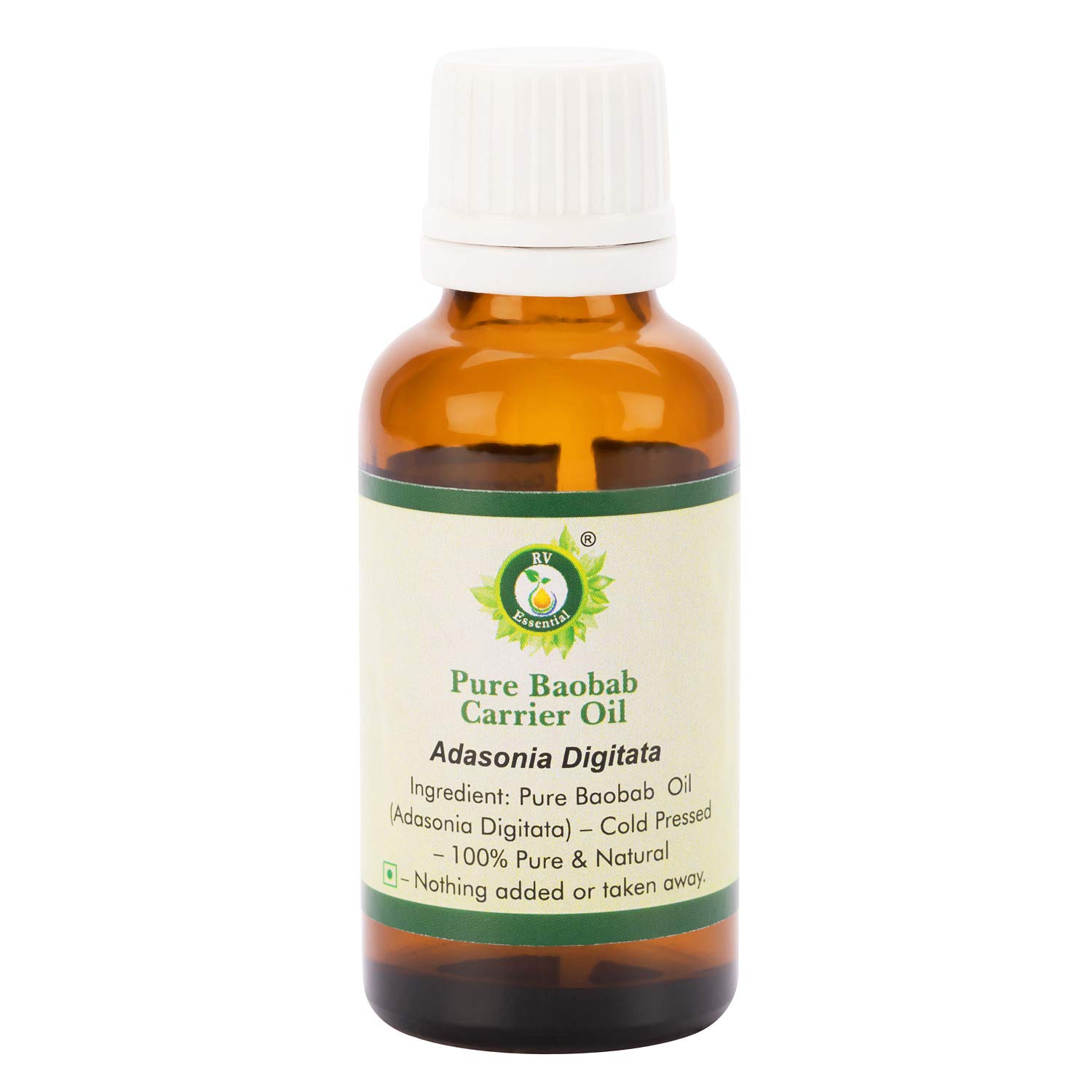 Organic Baobab Oil for Hair Growth & Skin Care - 100% Pure Cold Pressed Unrefined Adansonia Digitata Oil - 10ml (0.338oz) by R V Essential - Perfect for Dry Scalp Treatment, Anti-Aging Face Serum & Natural Hair Moisturizer