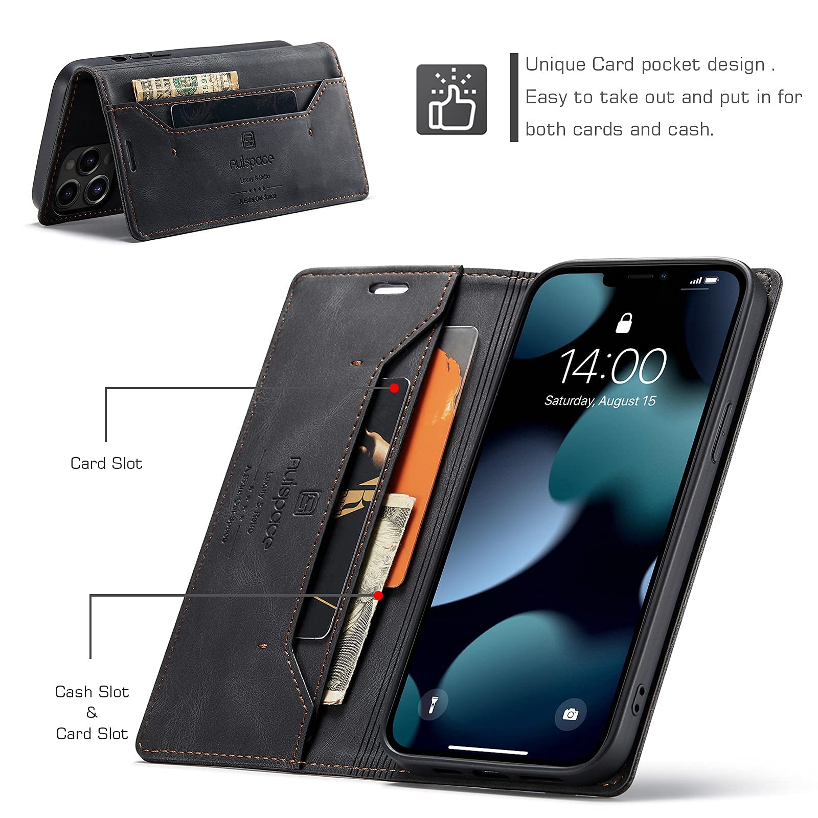 iPhone 13 Pro Max Case - PU Leather Wallet Cover with Card Holder & Kickstand | Shockproof Magnetic Flip Case for Work & Travel (6.7