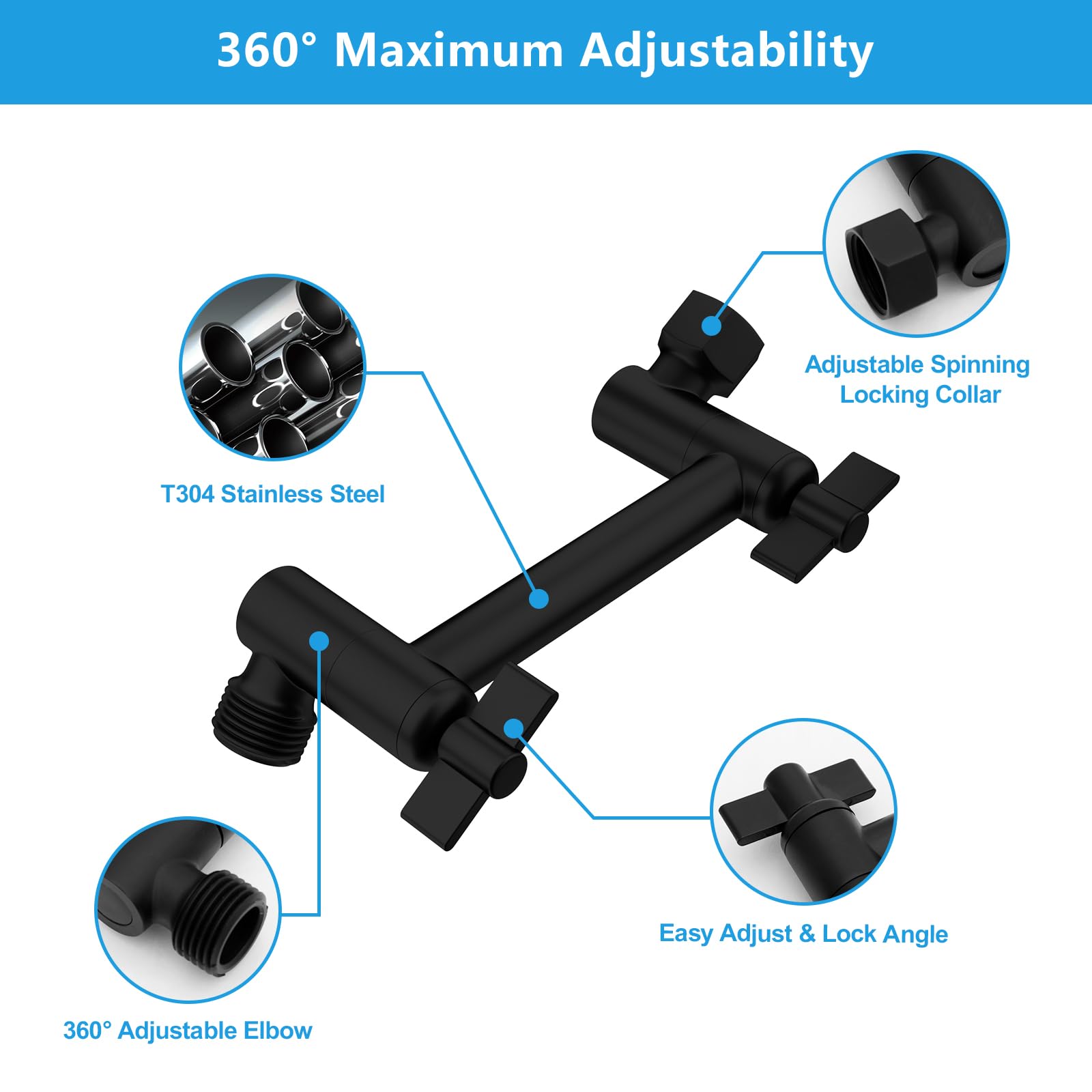 Lordear 4 Inch Black Shower Extension Arm - Adjustable Height & Angle Stainless Steel Shower Head Extender with Universal Connection for Rain Shower | Perfect for Bathroom Renovation & Spa-Like Shower Experience