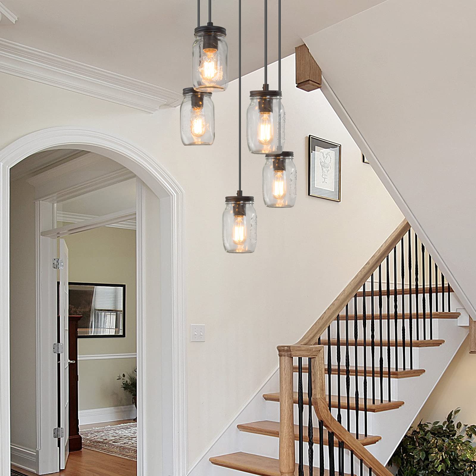 Rustic 5-Light Mason Jar Chandelier - Farmhouse Pendant Lighting for Kitchen Island & Dining Room - Perfect for Country Style Home Decor & Cozy Dining Ambiance