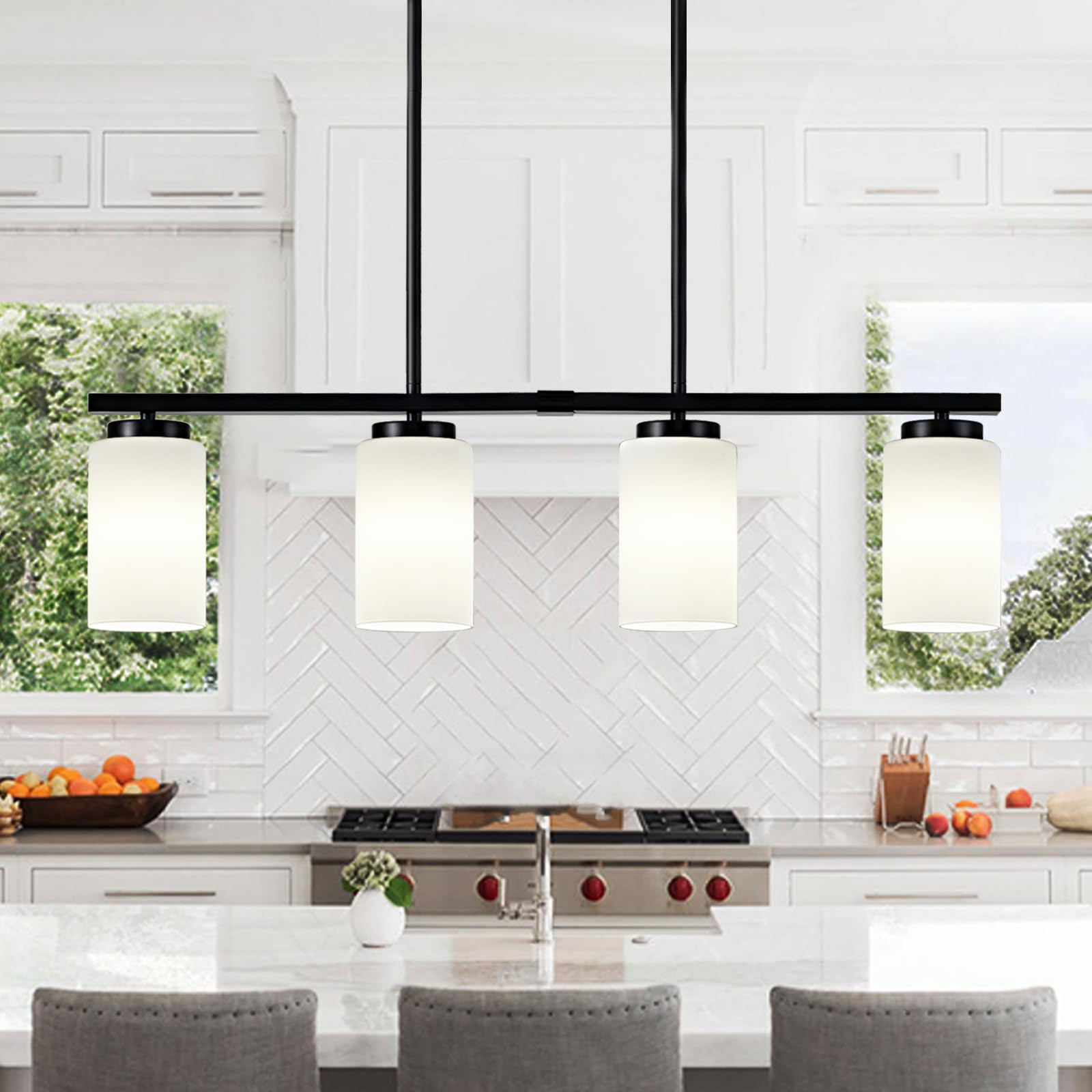 4-Light Farmhouse Linear Chandelier - Adjustable Kitchen Island Lighting with Milky Glass Shades - Rustic Dining Room Pendant Light Fixture for Modern Farmhouse, Restaurant & Breakfast Nook Decor