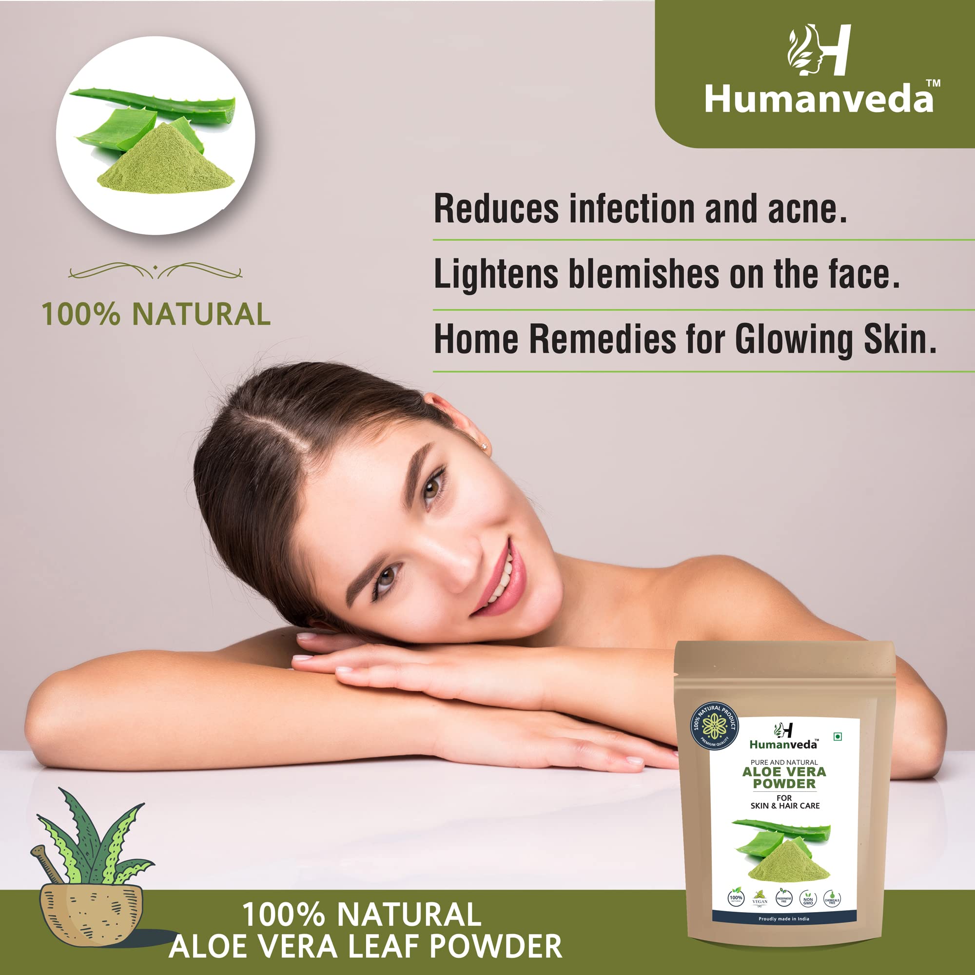 Humanveda Natural & Herbal Aloe Vera Leaf (Aloe Barbadensis) Powder - 100g for Face & Hair Care | Hydrating, Moisturizing, Soothing Skin Treatment | Perfect for DIY Skincare, Hair Masks & Sunburn Relief