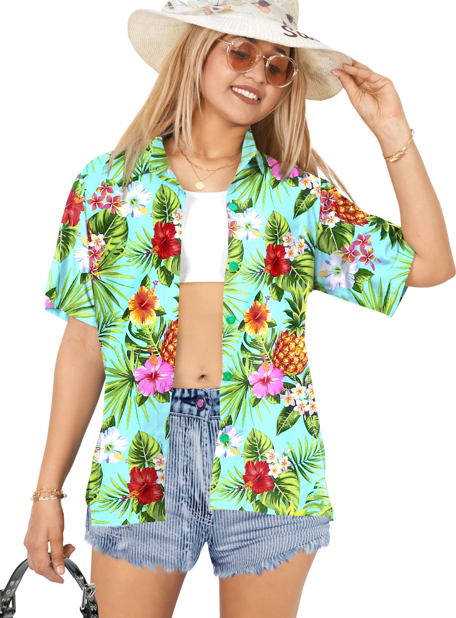 Happy Bay Women's Short Sleeve Hawaiian Shirt - Tropical Floral Print Vacation Blouse for Beach, Summer & Casual Wear