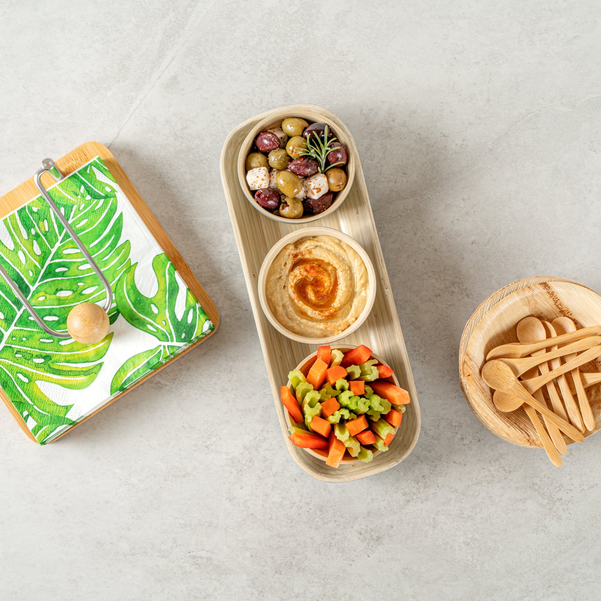 Eco-Friendly Bamboo Bowl Set with Tray - 3 Gray Bamboo Bowls (11.75