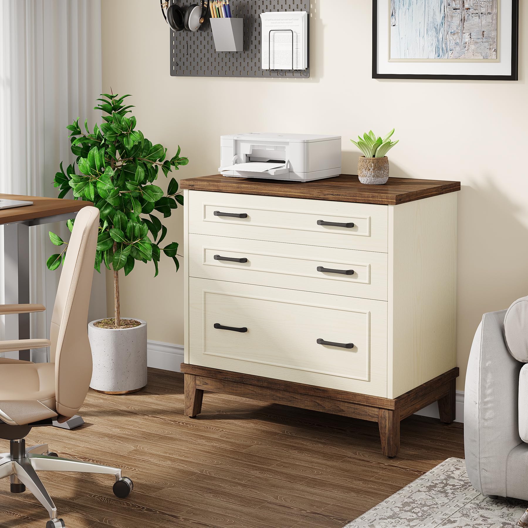 Tribesigns 3-Drawer Lateral File Cabinet for A4/Letter/Legal Size Documents - Wooden Office Storage Cabinet & Printer Stand in White/Walnut - Perfect for Home Office, Living Room & Workspace Organization