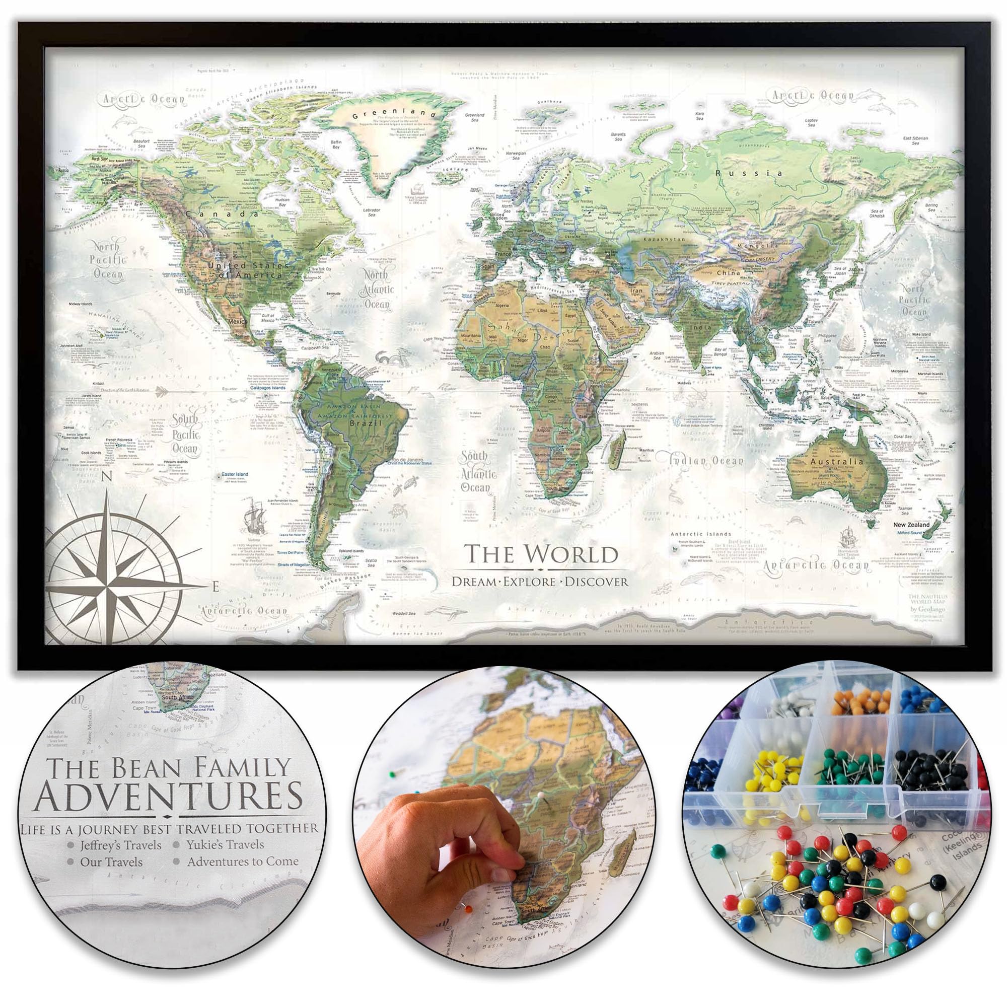 Custom Push Pin World Travel Map - Stretched Canvas, Rolled Poster or Framed Wall Art - Perfect Travel Gift to Track Visited Places - Nautilus Design World Map with Pins - Great for Home Office, Living Room Decor & Travel Enthusiasts
