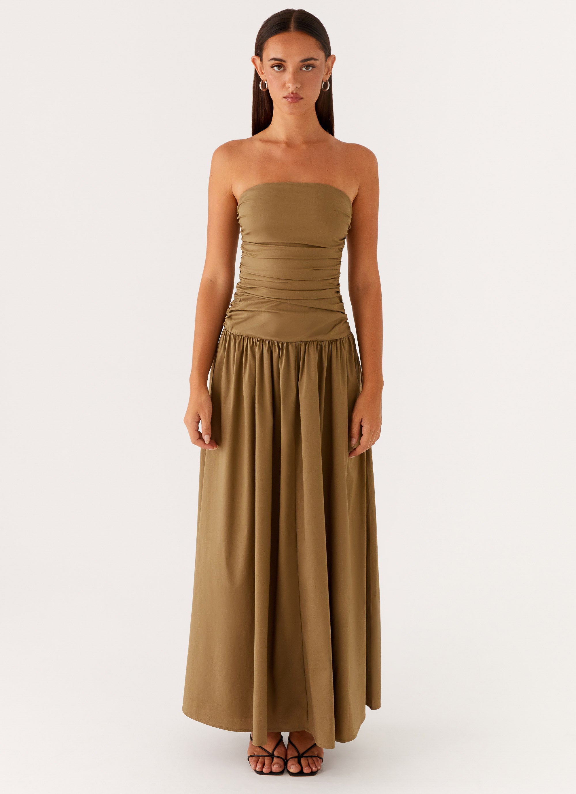 Carmel Maxi Dress for Women - Flowy Long Boho Summer Dress in Khaki | Beach Wedding, Vacation, Party Wear
