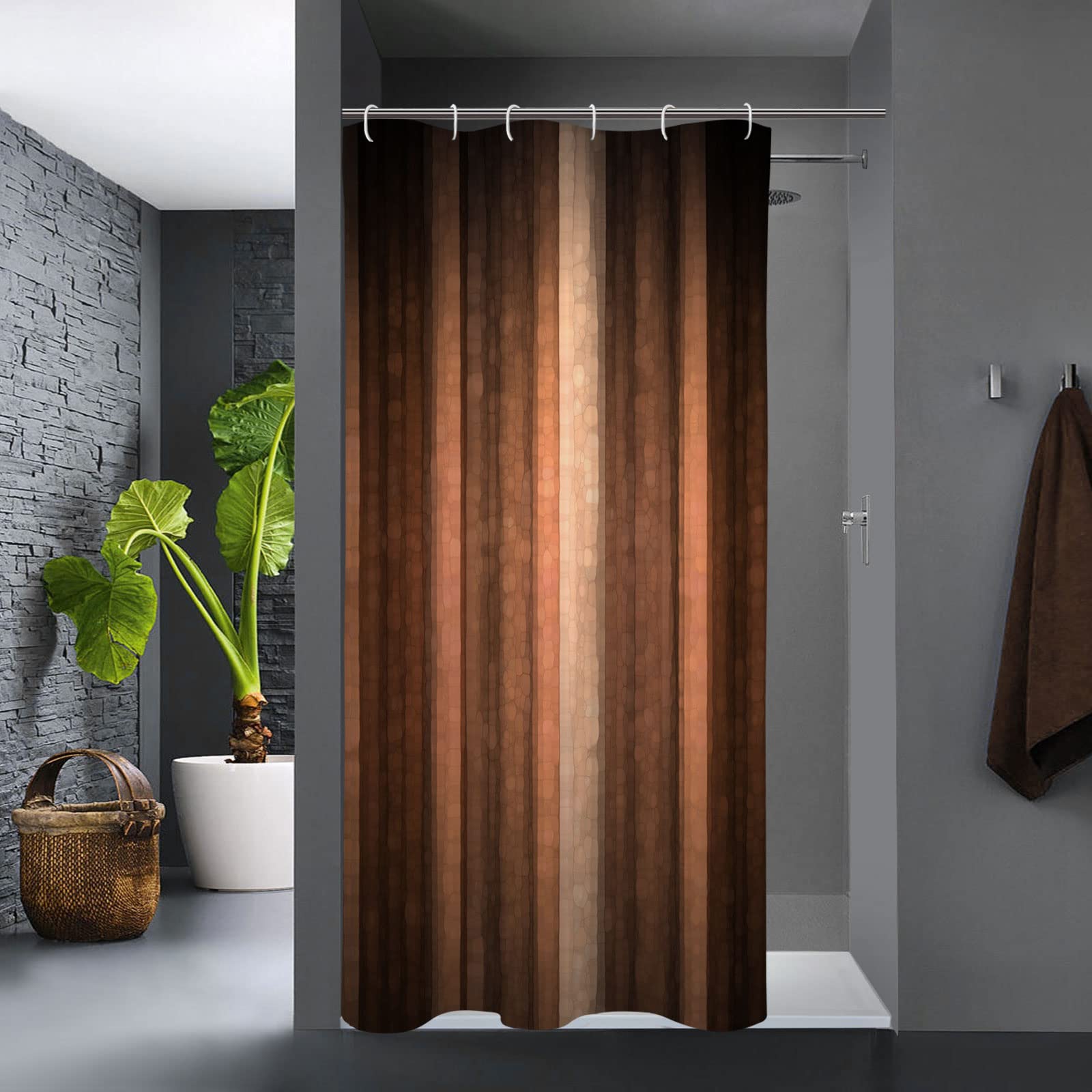 Gibelle Small Stall Shower Curtain 36x72 Inches - Half Narrow Brown Fabric Bathroom Curtain Set with Hooks, Vintage Stripe & Glass Texture Design - Waterproof Shower Curtain for Brown Bathroom Decor - Perfect for Small Bathrooms, Apartments & Vintage Style Home Decor