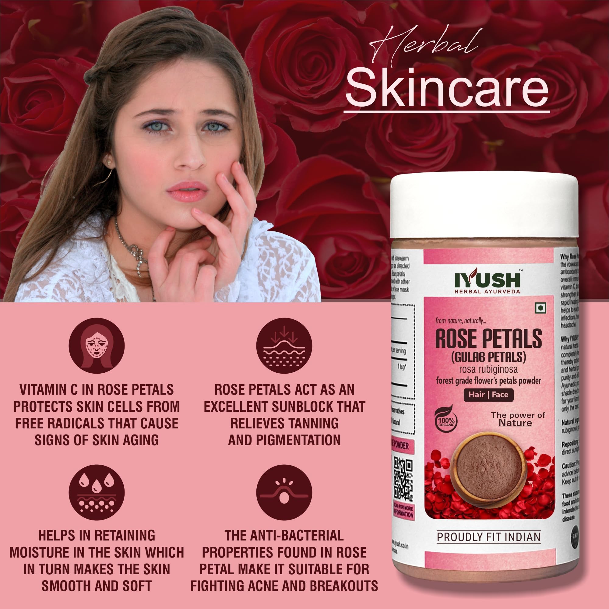 IYUSH Ayurvedic Rose Petal Powder for Face & Skin Whitening – 250gm | Organic Rose Powder for Glowing Skin, DIY Face Masks & Natural Beauty Care | Perfect for Spa Day, Skincare Routine & Holistic Beauty Treatments